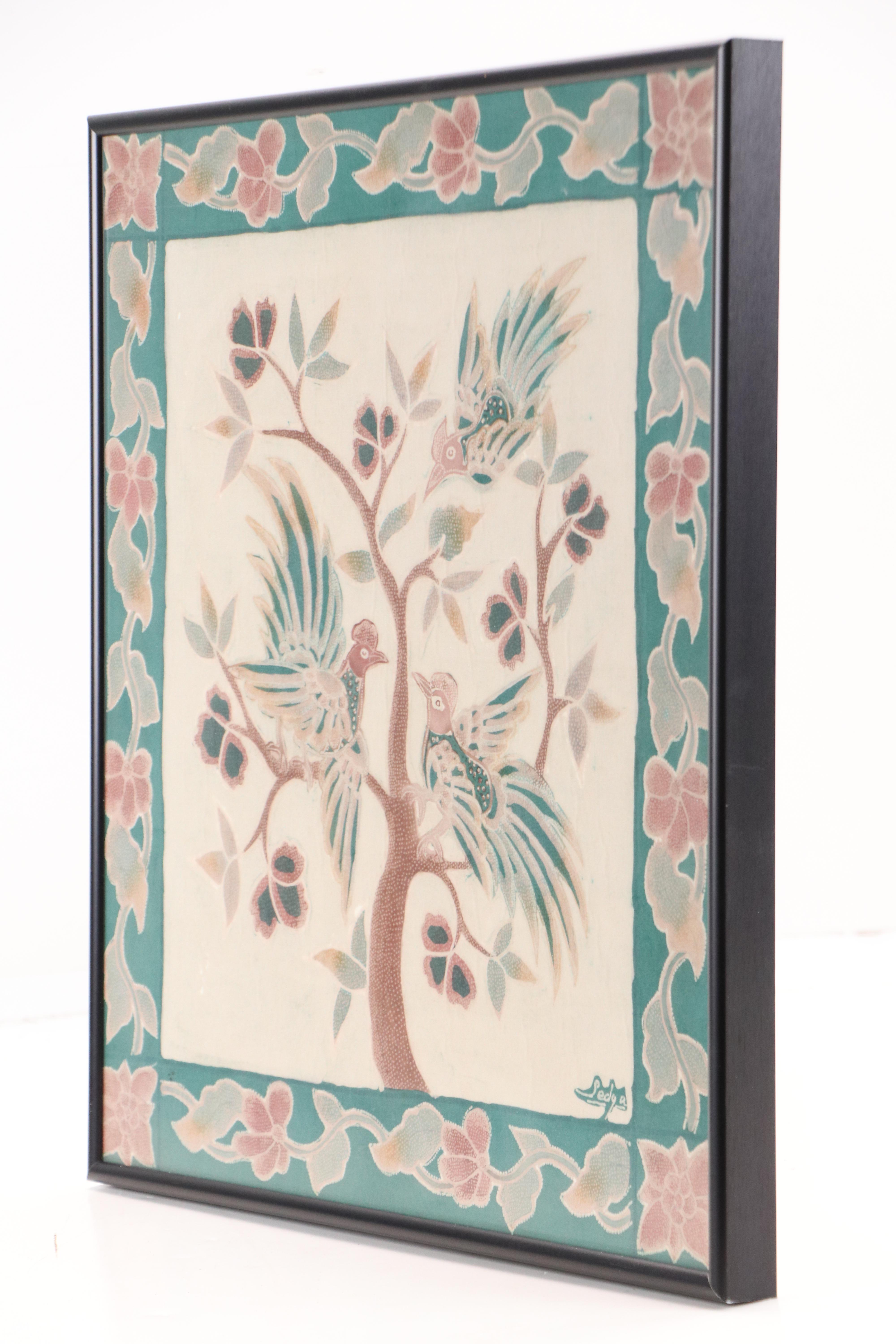 Artist Signed Handmade Indonesian Batik of Pheasants in a Tree, Framed