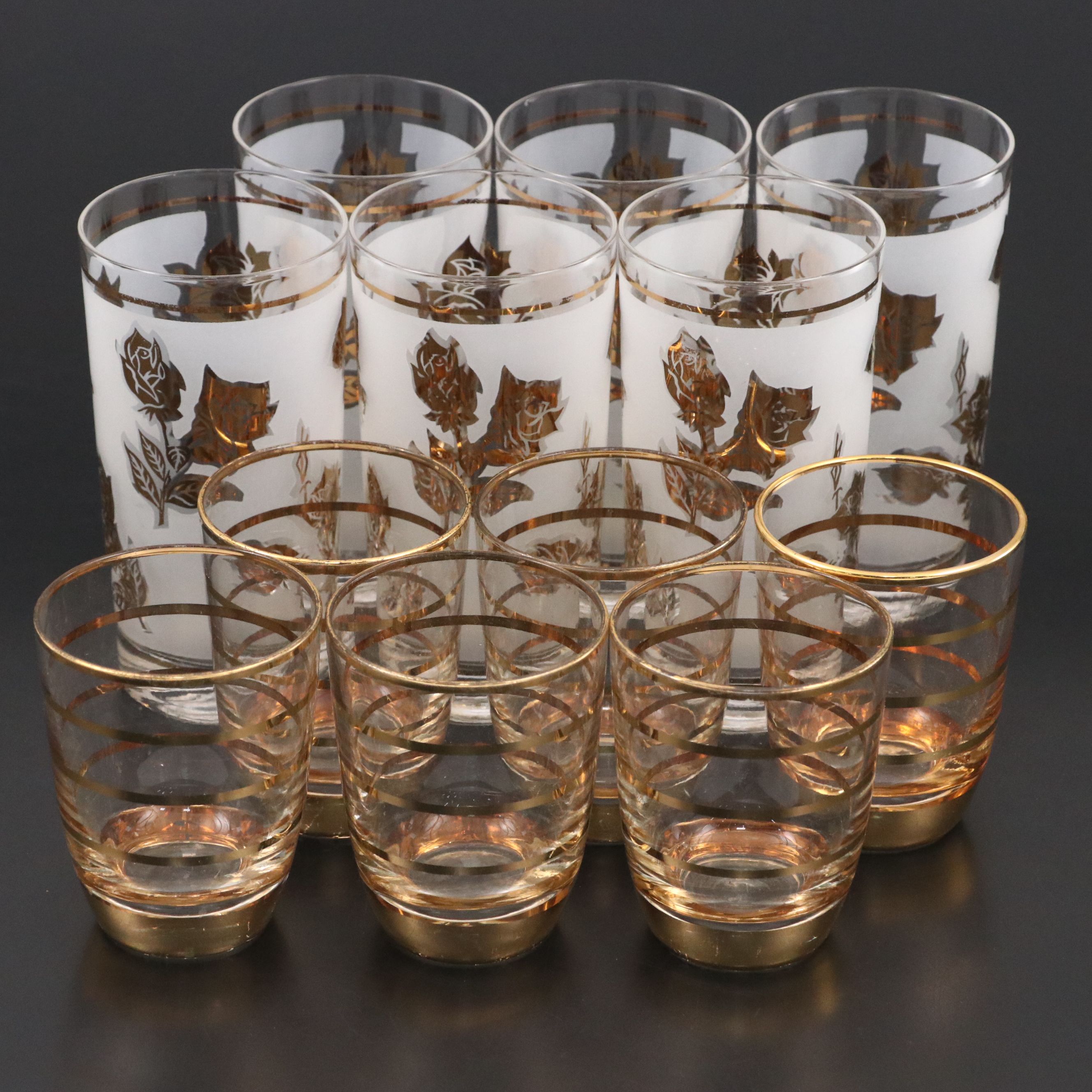 MCM G. Reeves for Libbey Gilt Rose Tumblers with Striped Juice Glasses