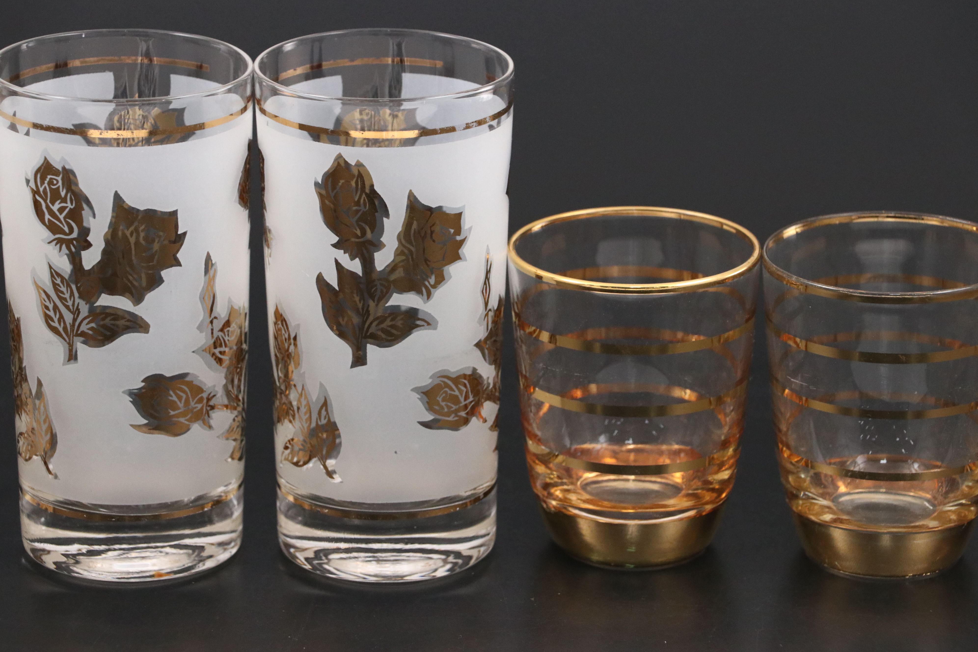 MCM G. Reeves for Libbey Gilt Rose Tumblers with Striped Juice Glasses