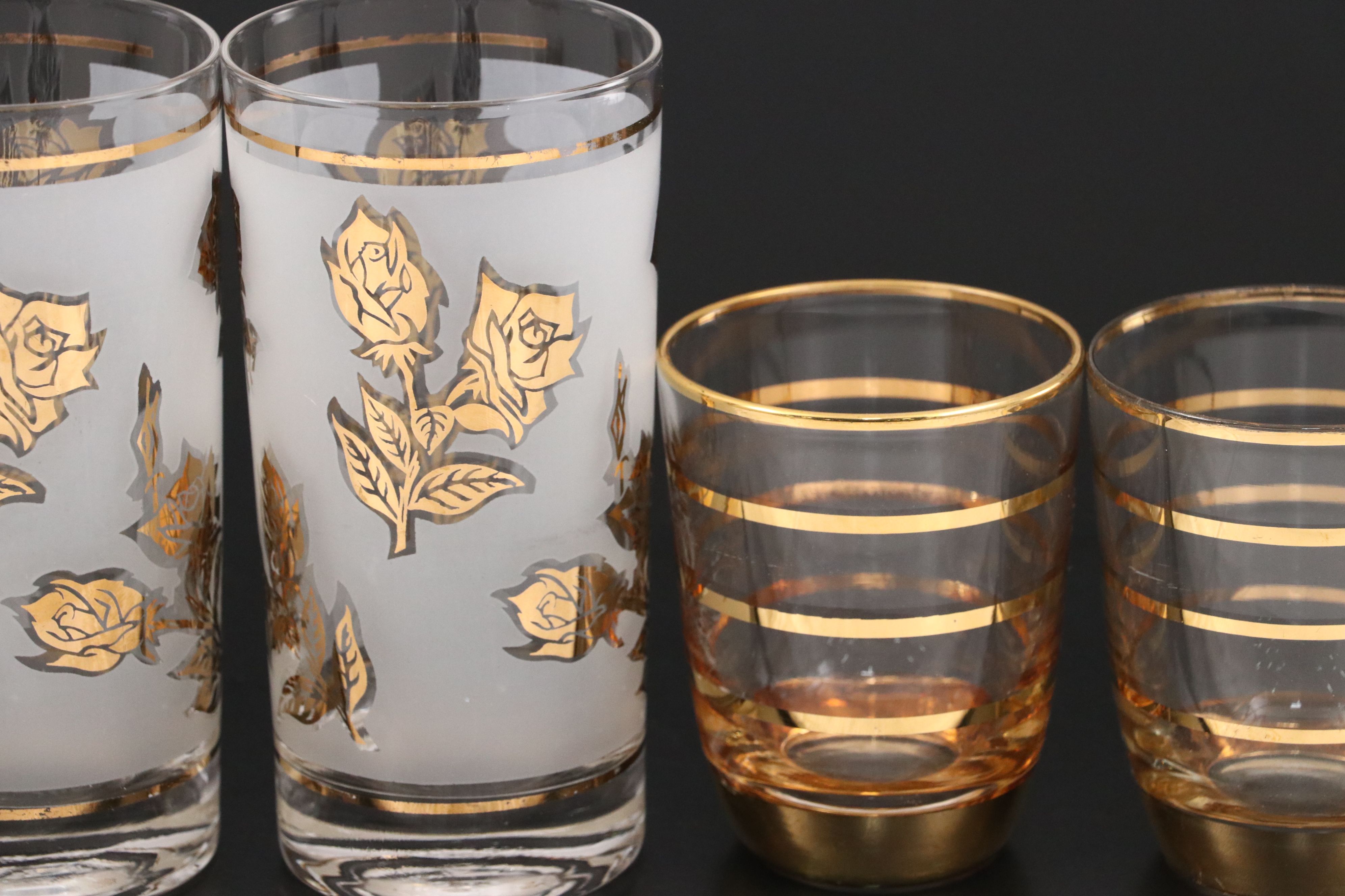 MCM G. Reeves for Libbey Gilt Rose Tumblers with Striped Juice Glasses