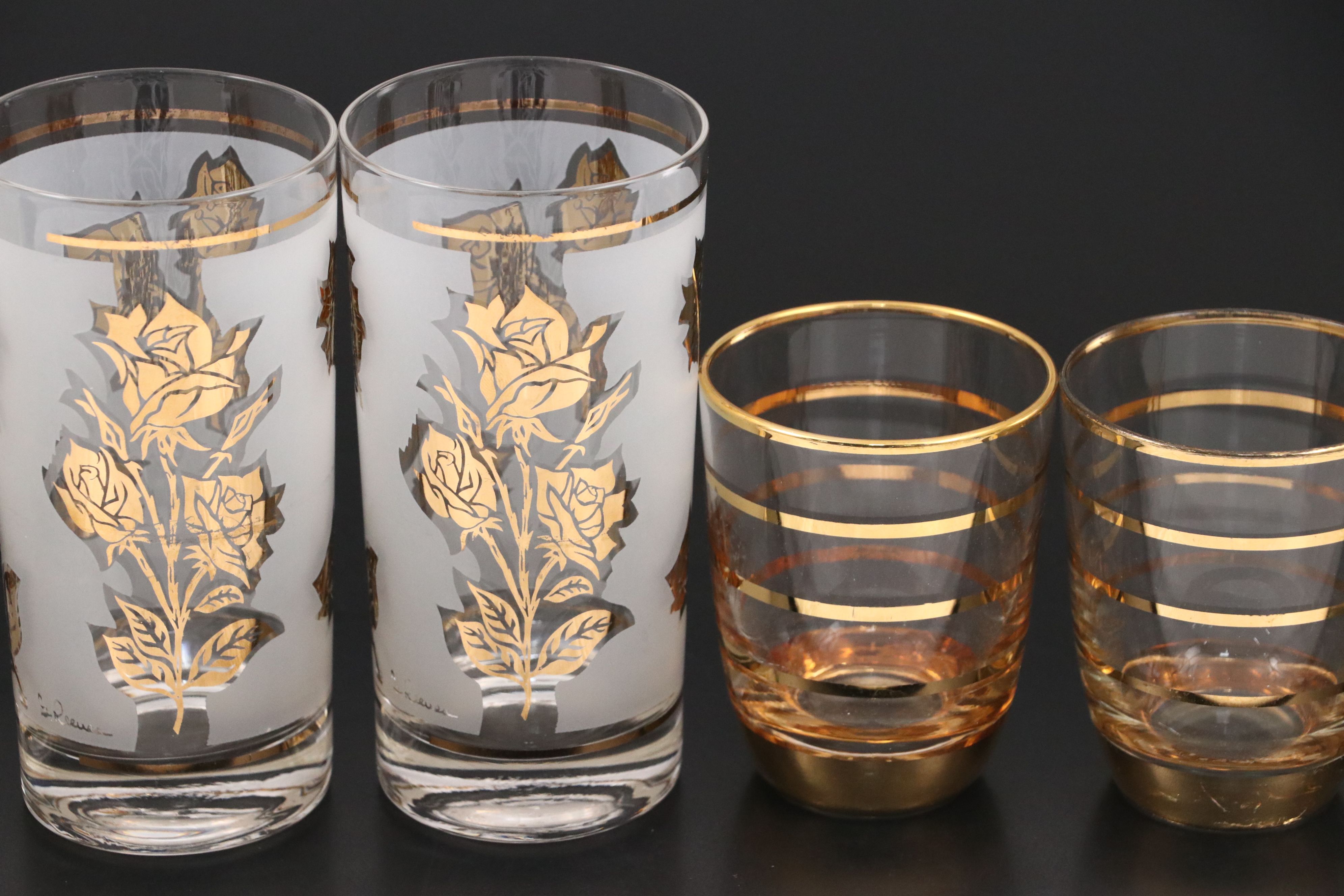 MCM G. Reeves for Libbey Gilt Rose Tumblers with Striped Juice Glasses