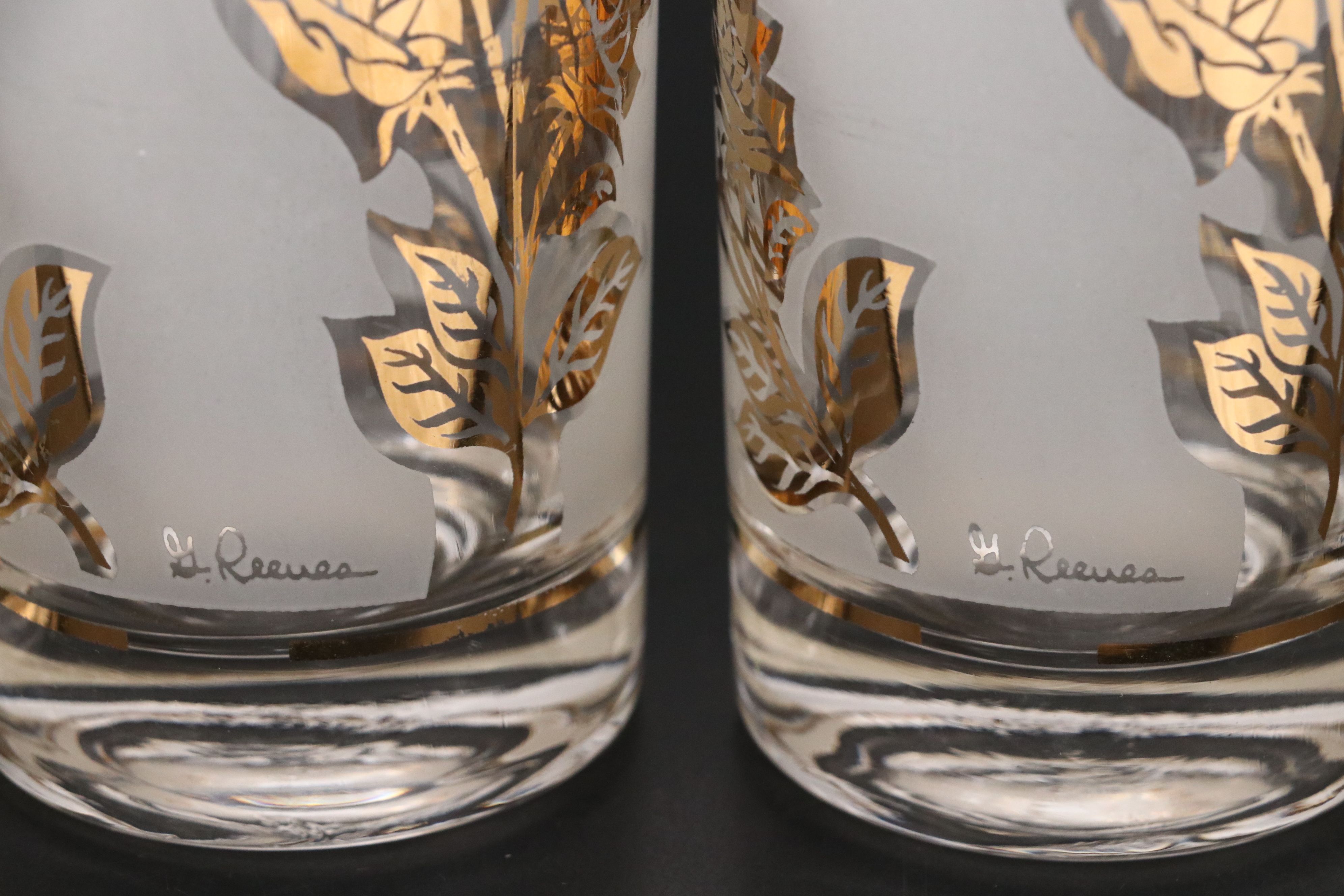 MCM G. Reeves for Libbey Gilt Rose Tumblers with Striped Juice Glasses