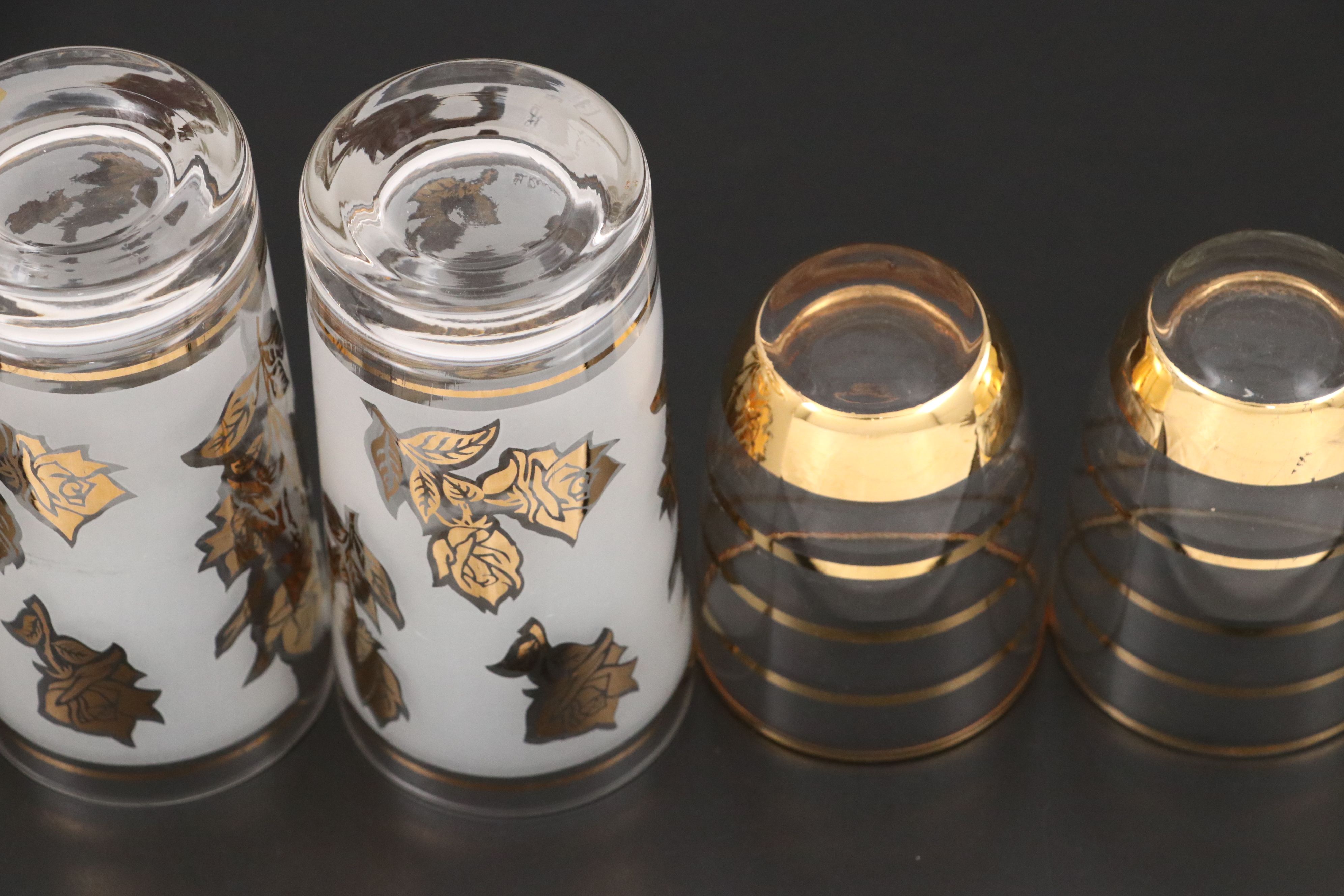 MCM G. Reeves for Libbey Gilt Rose Tumblers with Striped Juice Glasses