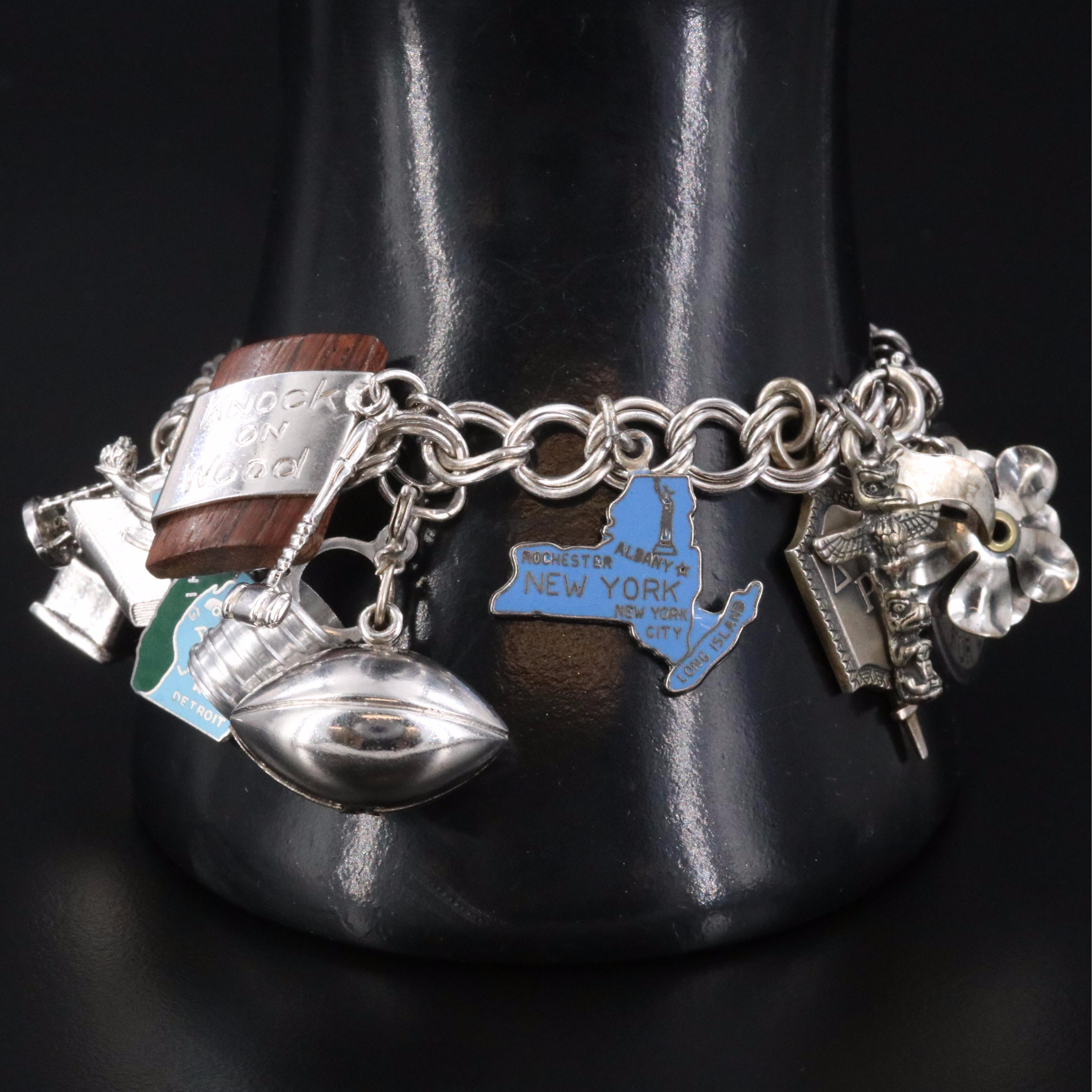 Vintage Charm Bracelet Featuring Sterling, Turquoise and College Charms