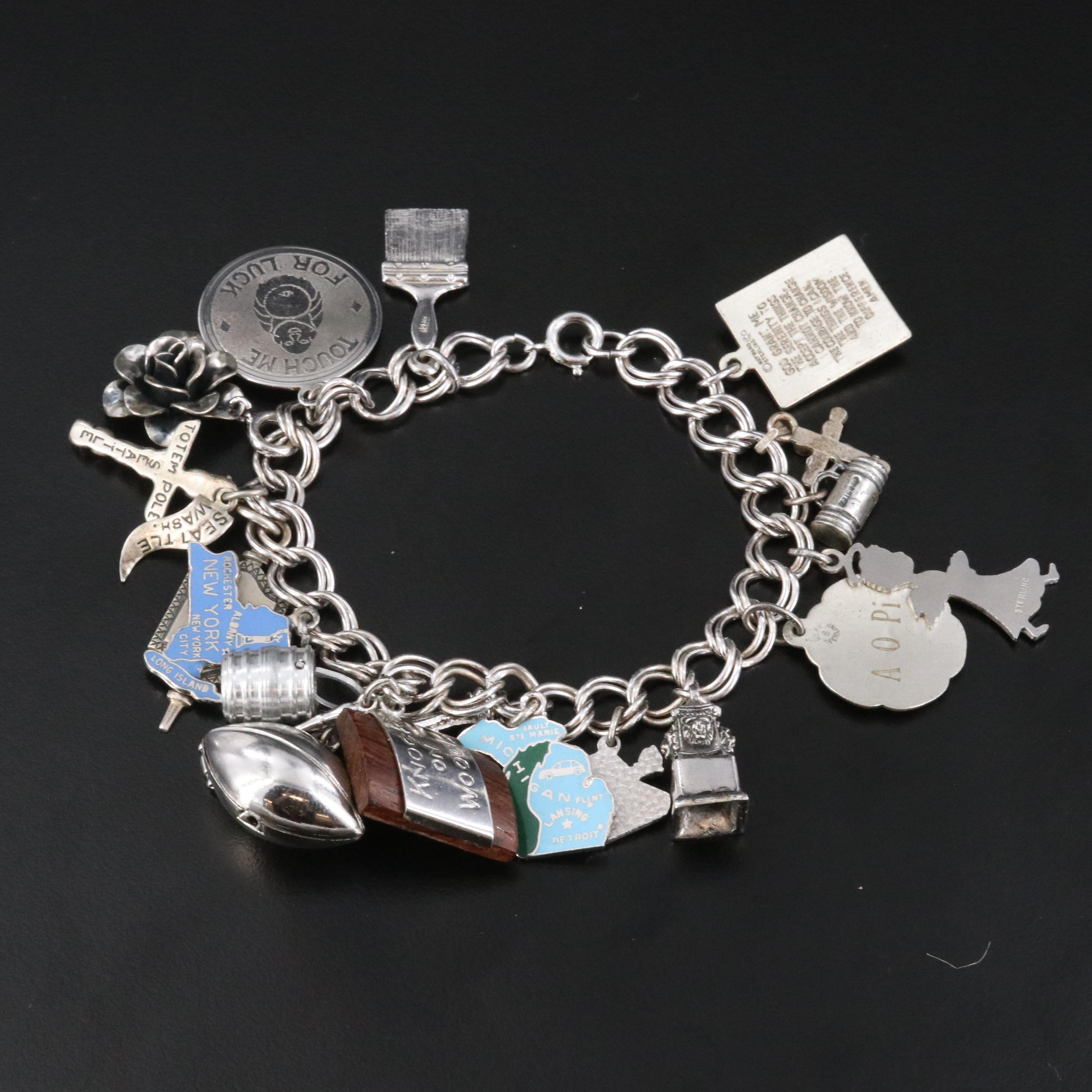 Vintage Charm Bracelet Featuring Sterling, Turquoise and College Charms