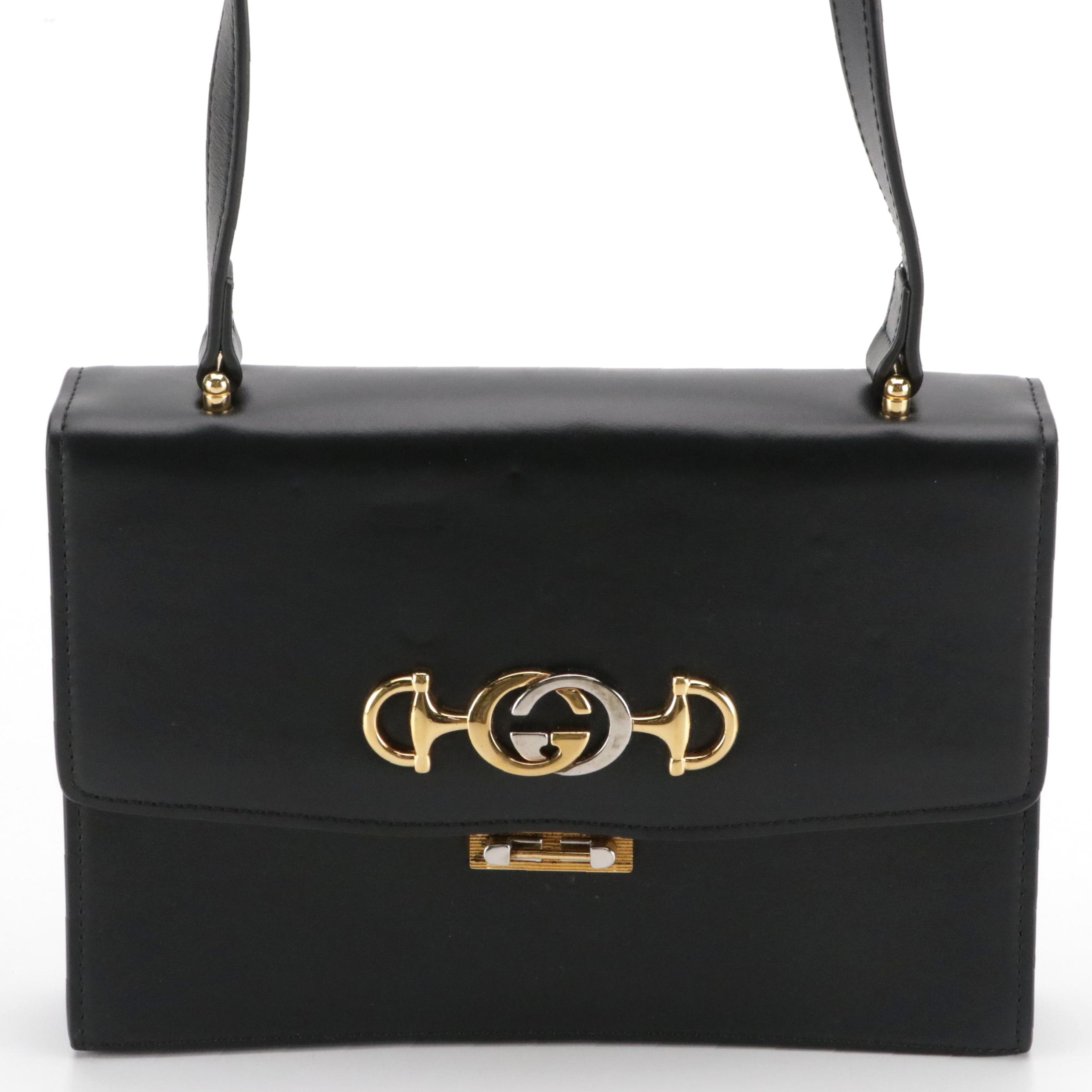 Gucci GG Horsebit Black Leather Zumi Flap-Front Crossbody Bag