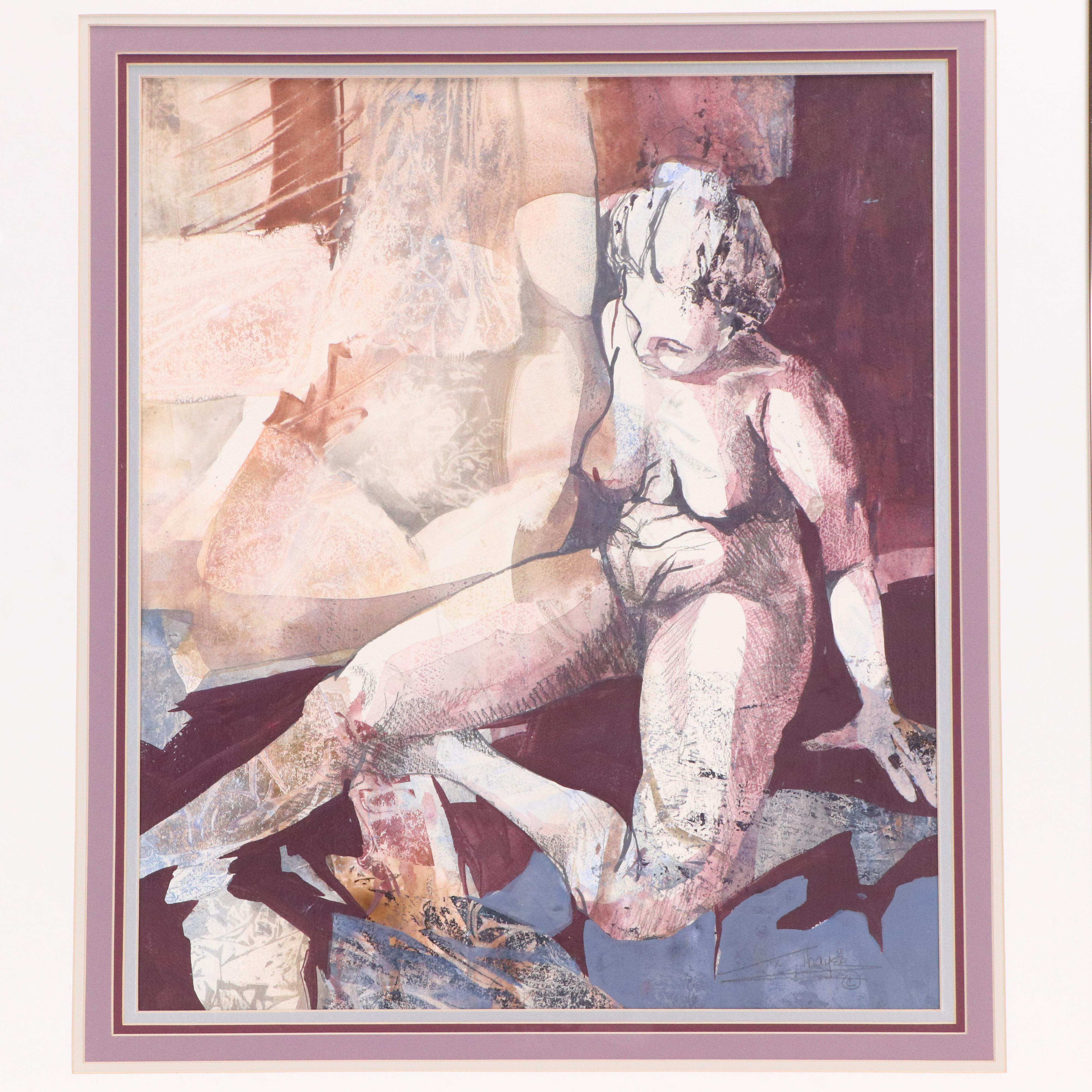 Alix Thayer Figural Mixed Media Painting of Seated Nude Woman