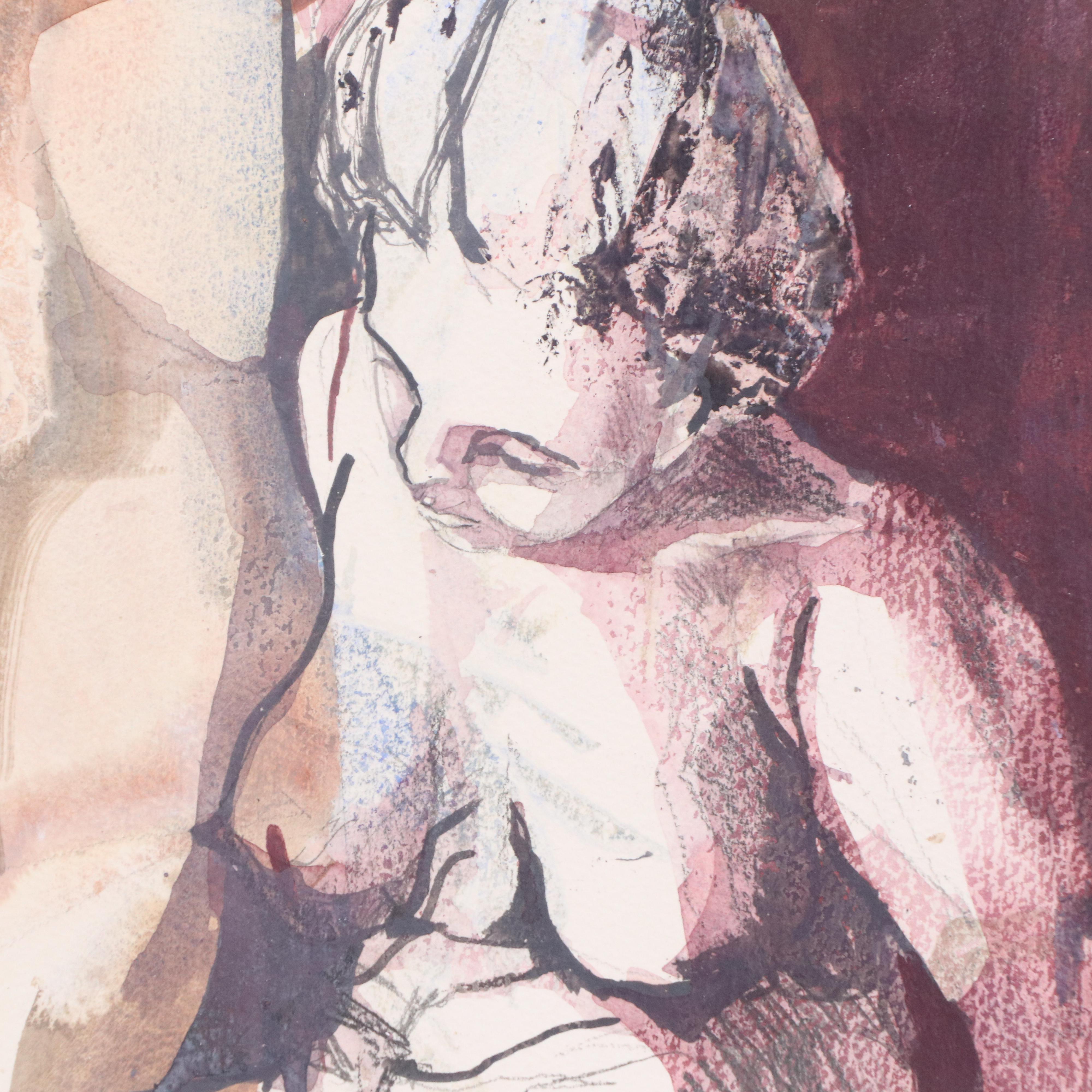 Alix Thayer Figural Mixed Media Painting of Seated Nude Woman