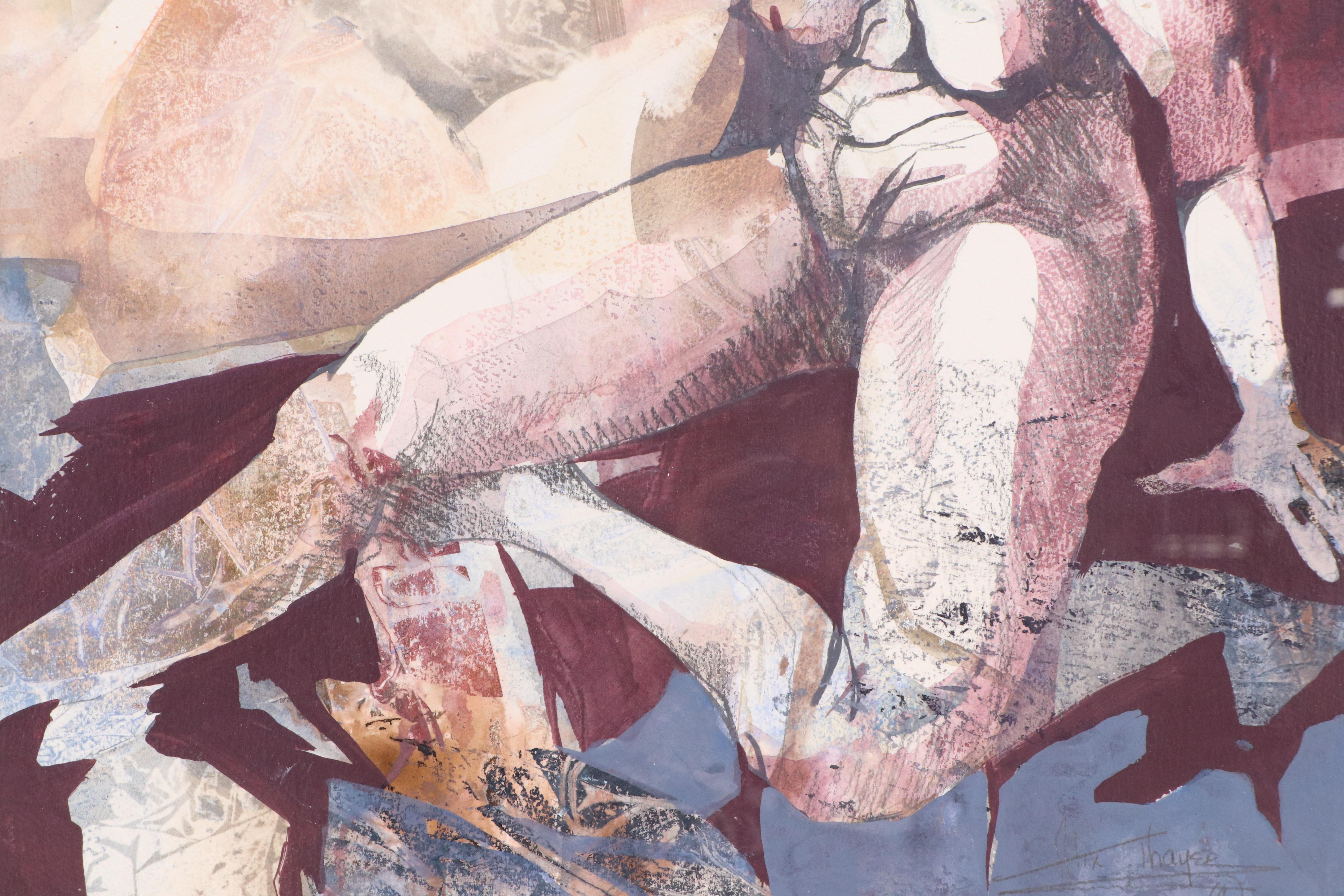 Alix Thayer Figural Mixed Media Painting of Seated Nude Woman