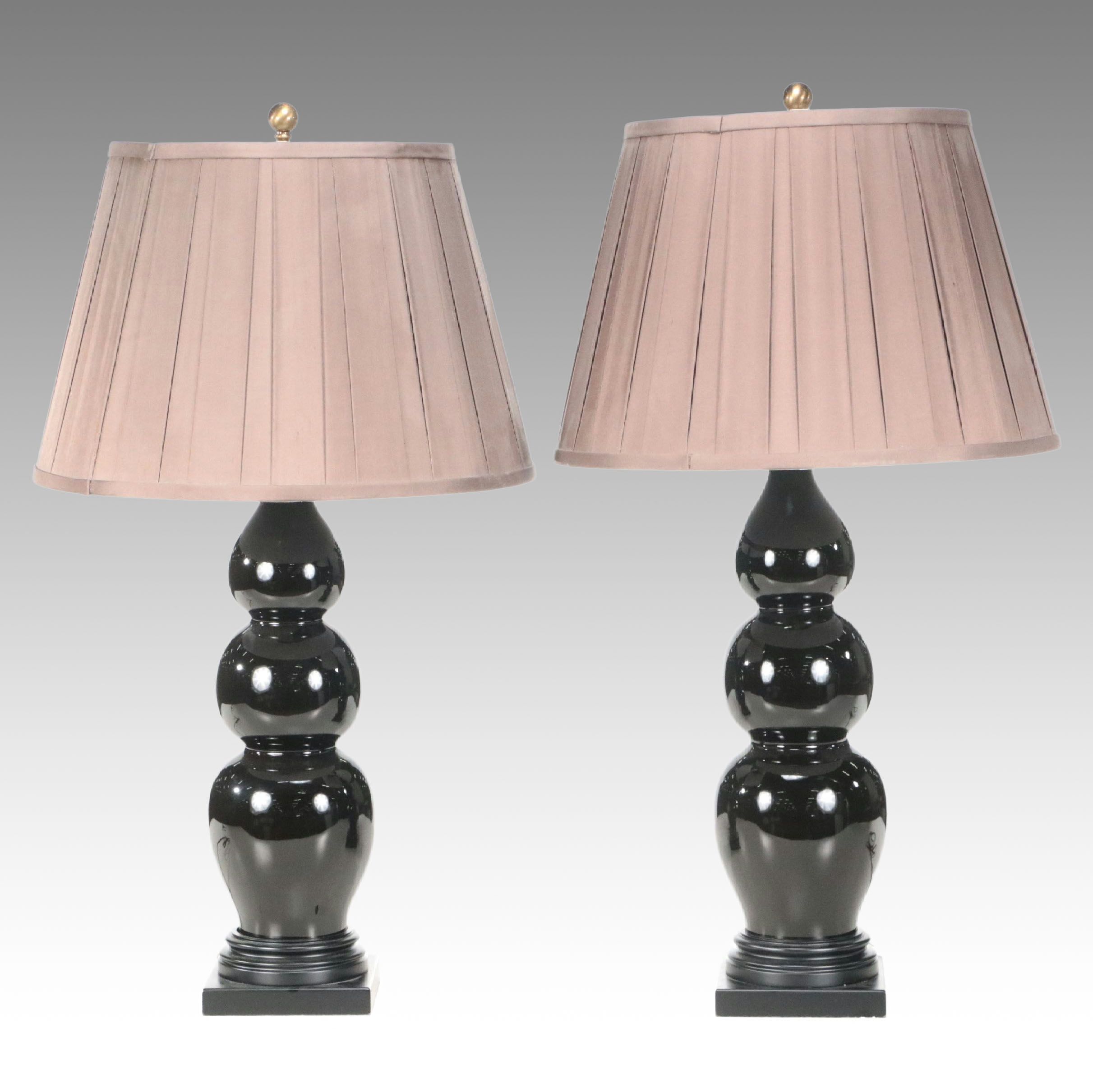 Triple Gourd Gloss Black Ceramic Lamps with Pleated Silk Shades, 2001