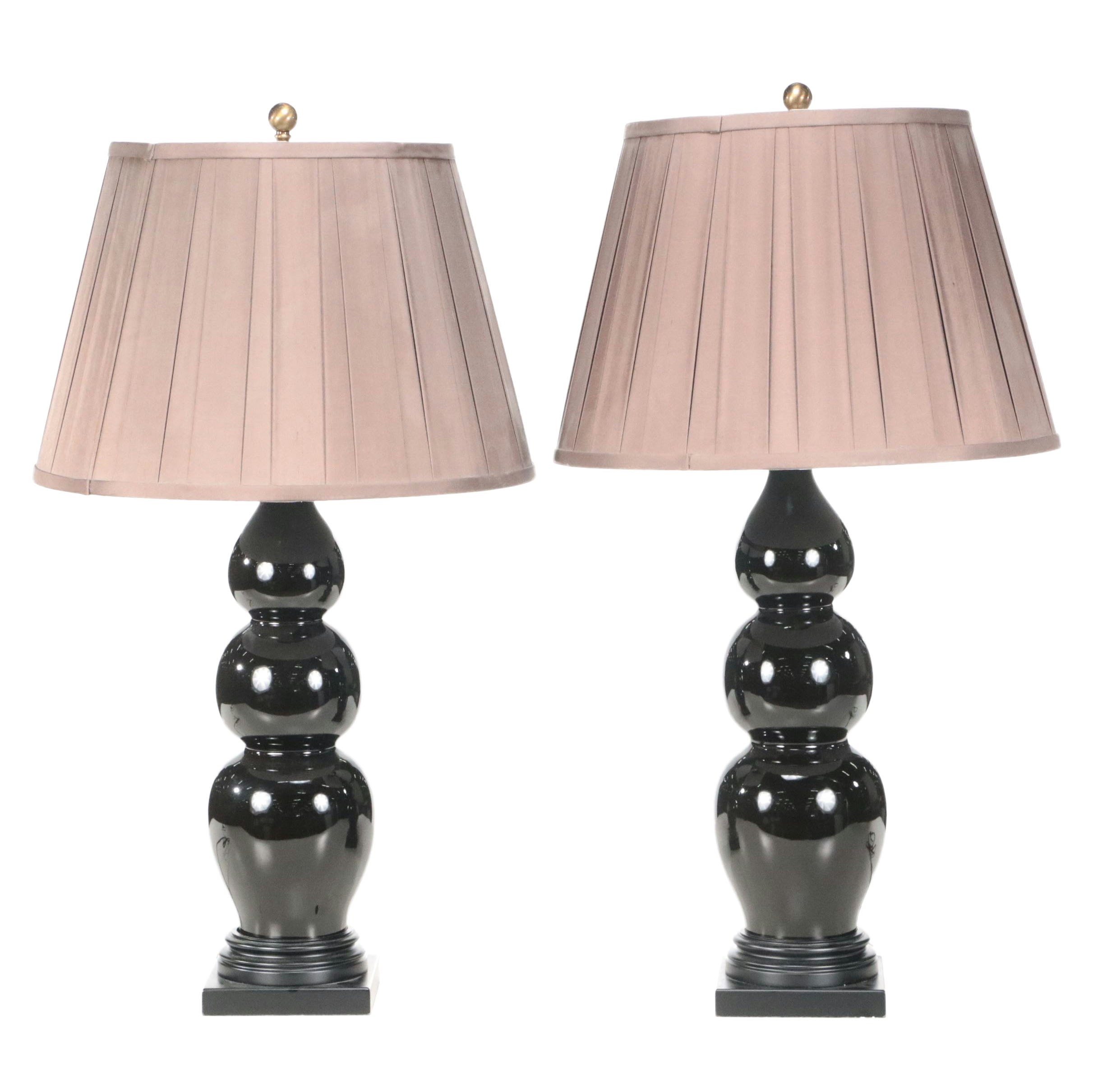 Triple Gourd Gloss Black Ceramic Lamps with Pleated Silk Shades, 2001