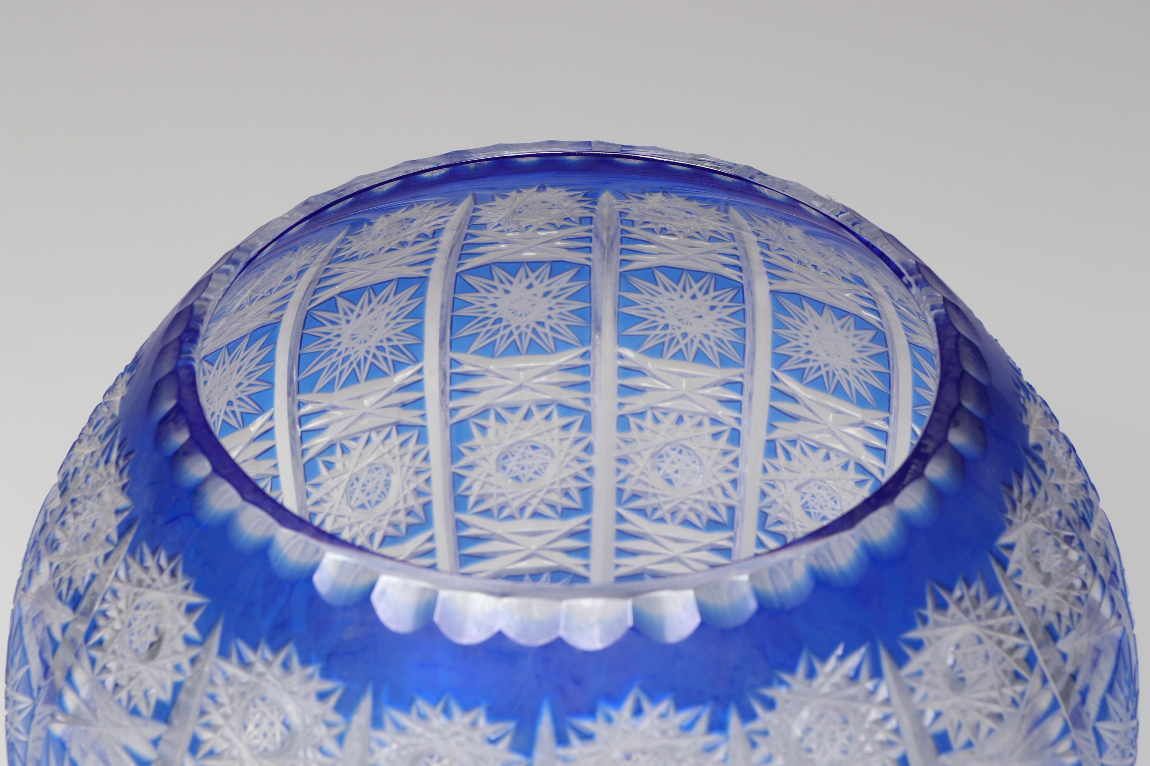 Bohemian Style Blue Cut to Clear Vase with Etched Crystal Champagne Coupes