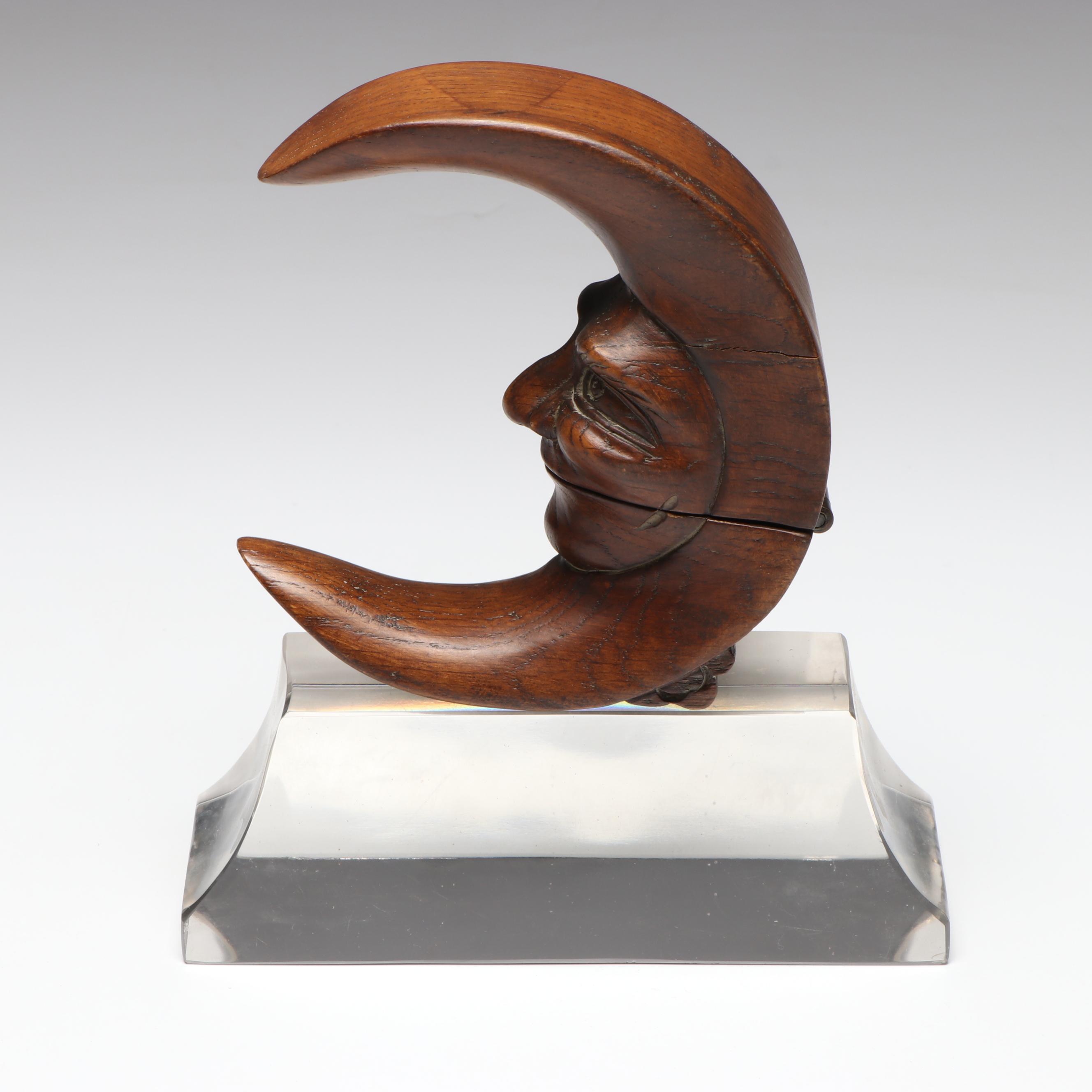 Carved Wood Man in Crescent Moon Nutcracker and Glass Block Paperweight