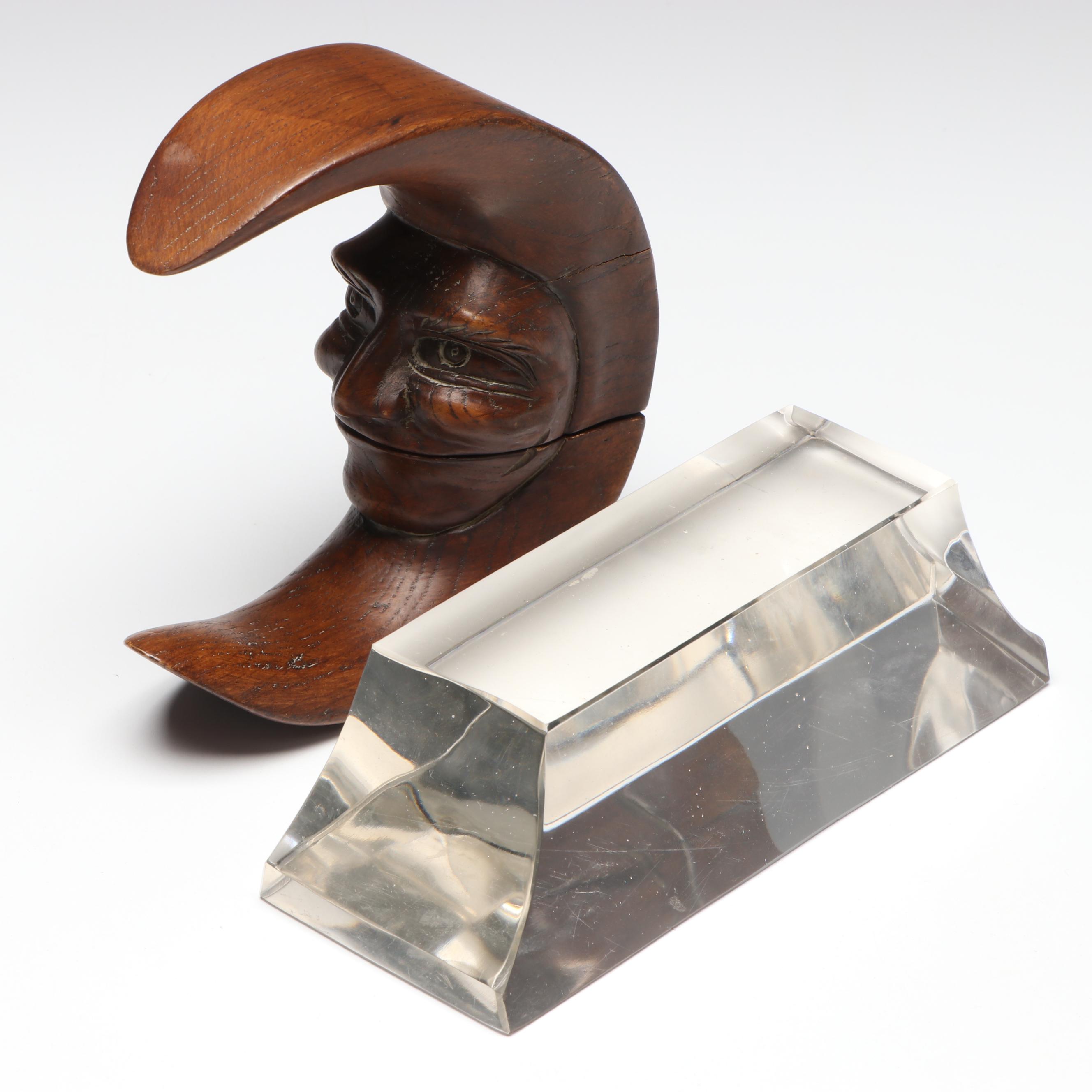 Carved Wood Man in Crescent Moon Nutcracker and Glass Block Paperweight