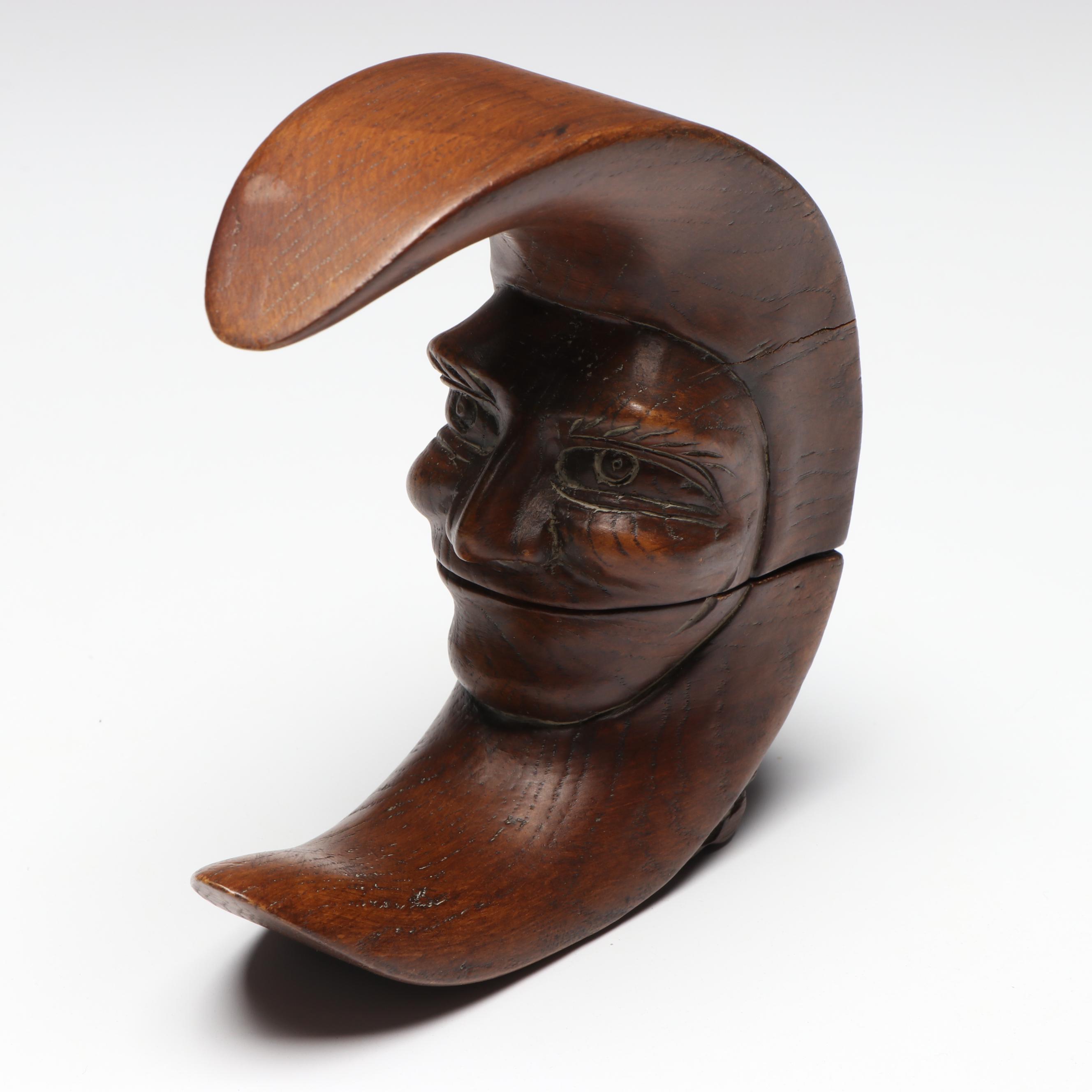 Carved Wood Man in Crescent Moon Nutcracker and Glass Block Paperweight