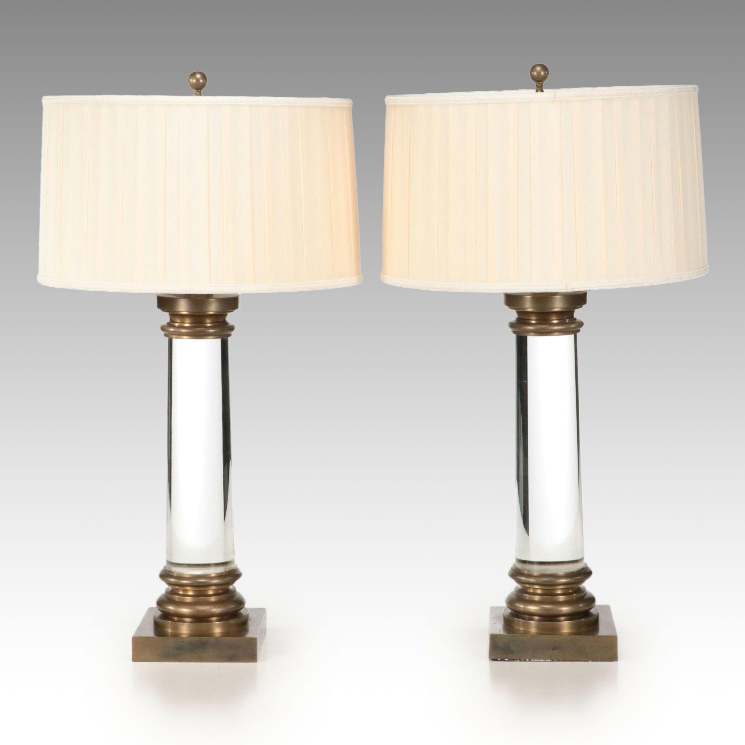 French Adapted Crystal Pillar Brass Mount Table Lamps and Pleated Silk Shades