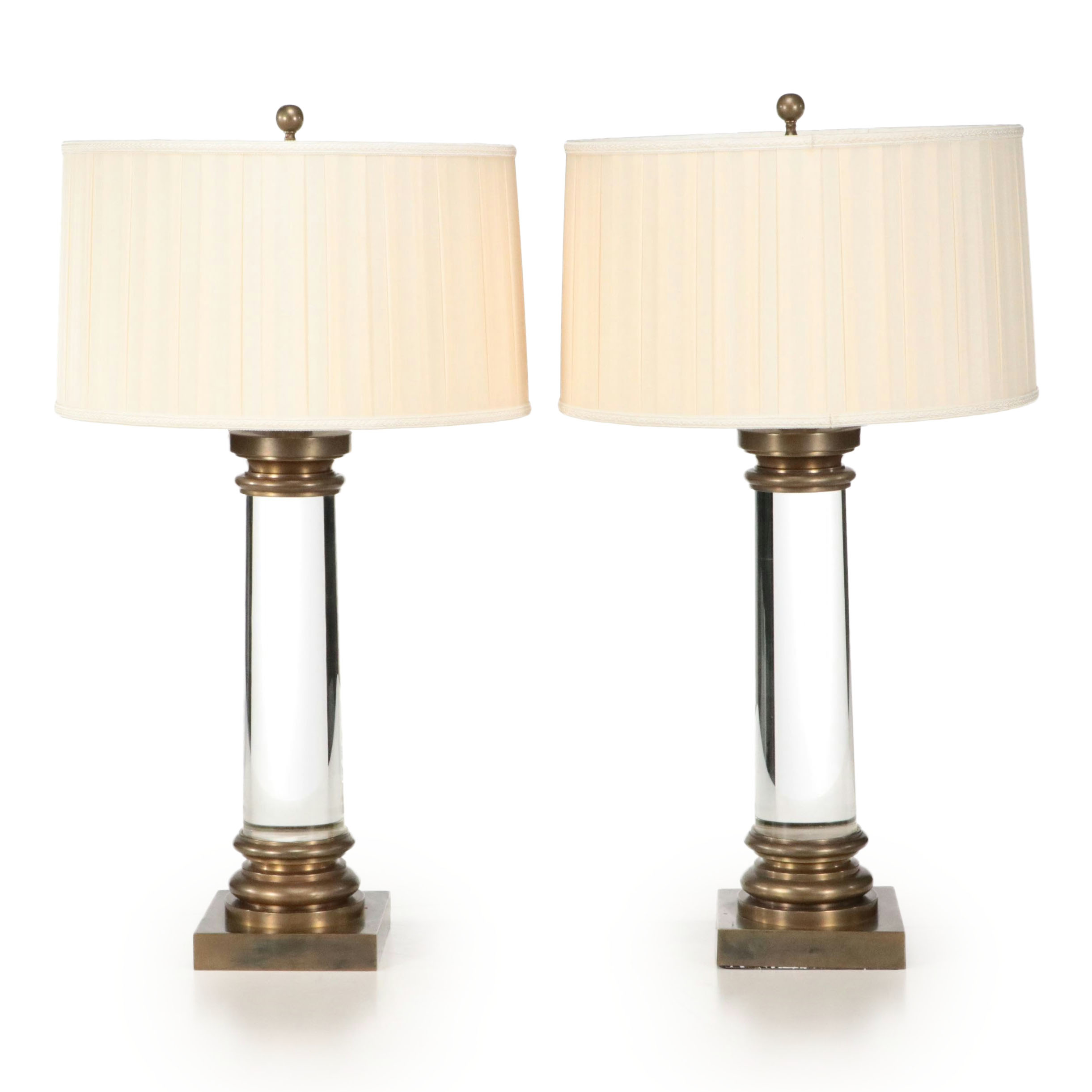 French Adapted Crystal Pillar Brass Mount Table Lamps and Pleated Silk Shades
