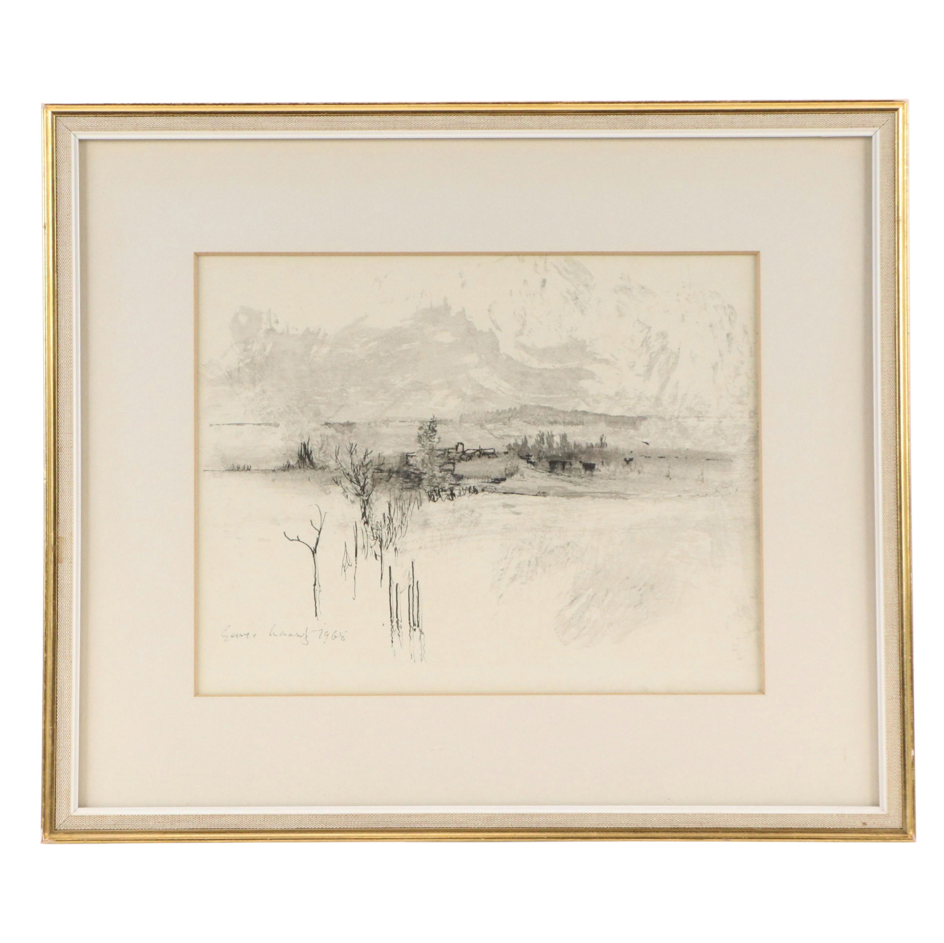 Ink Wash Painting of Landscape With Distant Town, 1968