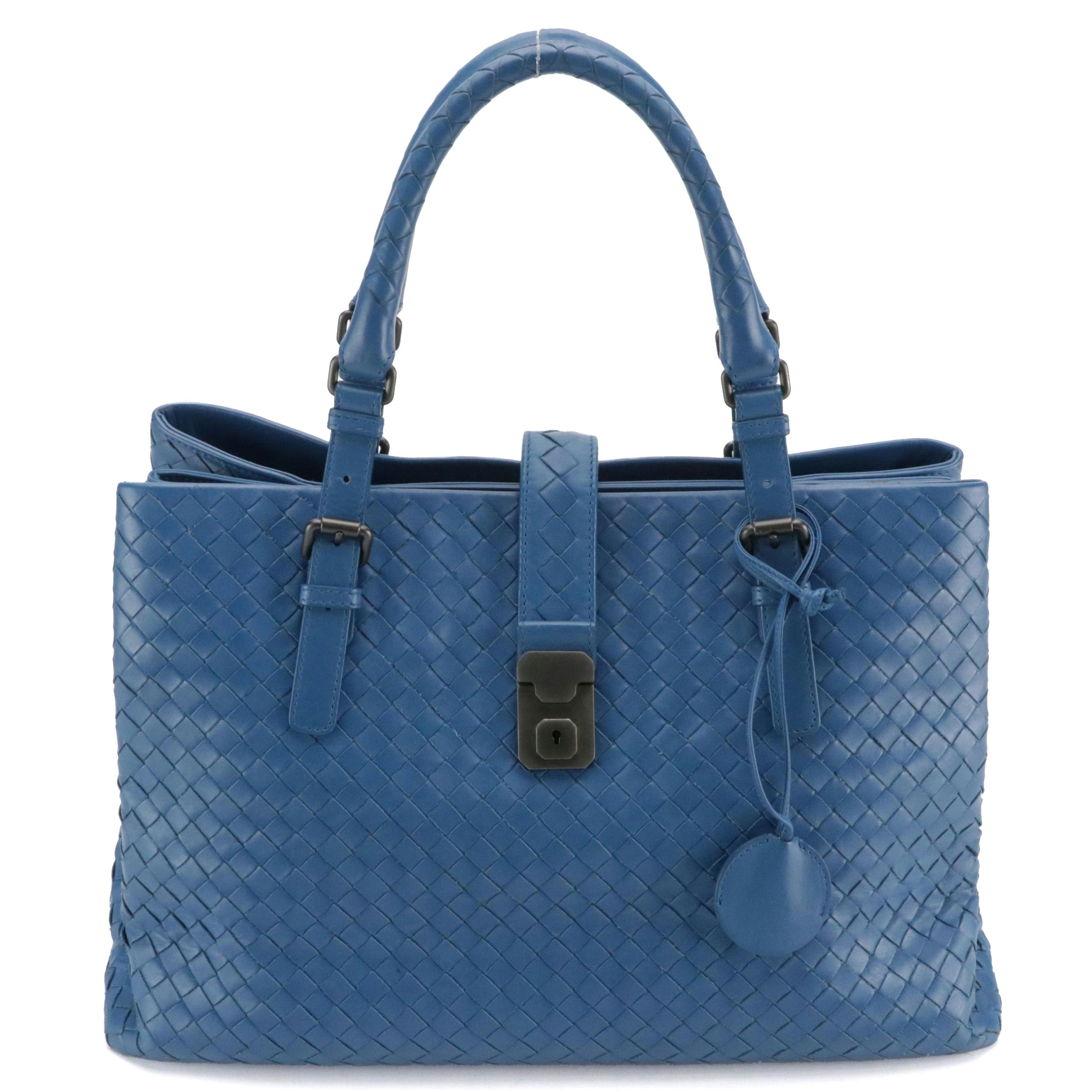 Bottega Veneta Roma Tote in Blue Intrecciato Calfskin Leather