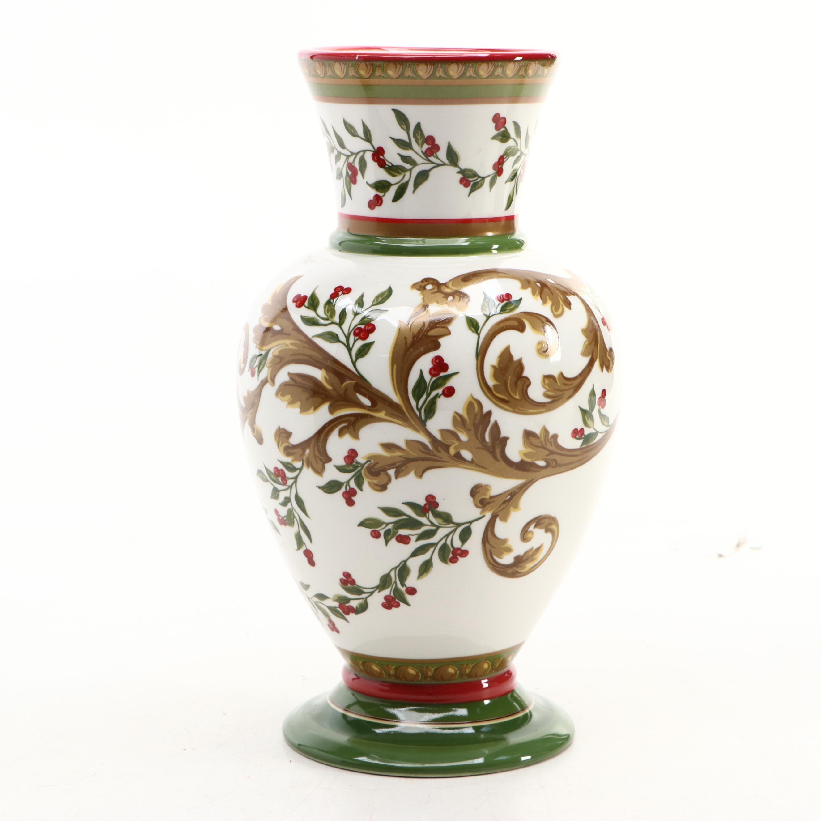 Laura Ashley Home Holiday Pattern Ceramic Vase with Green Wood Menorah and Box