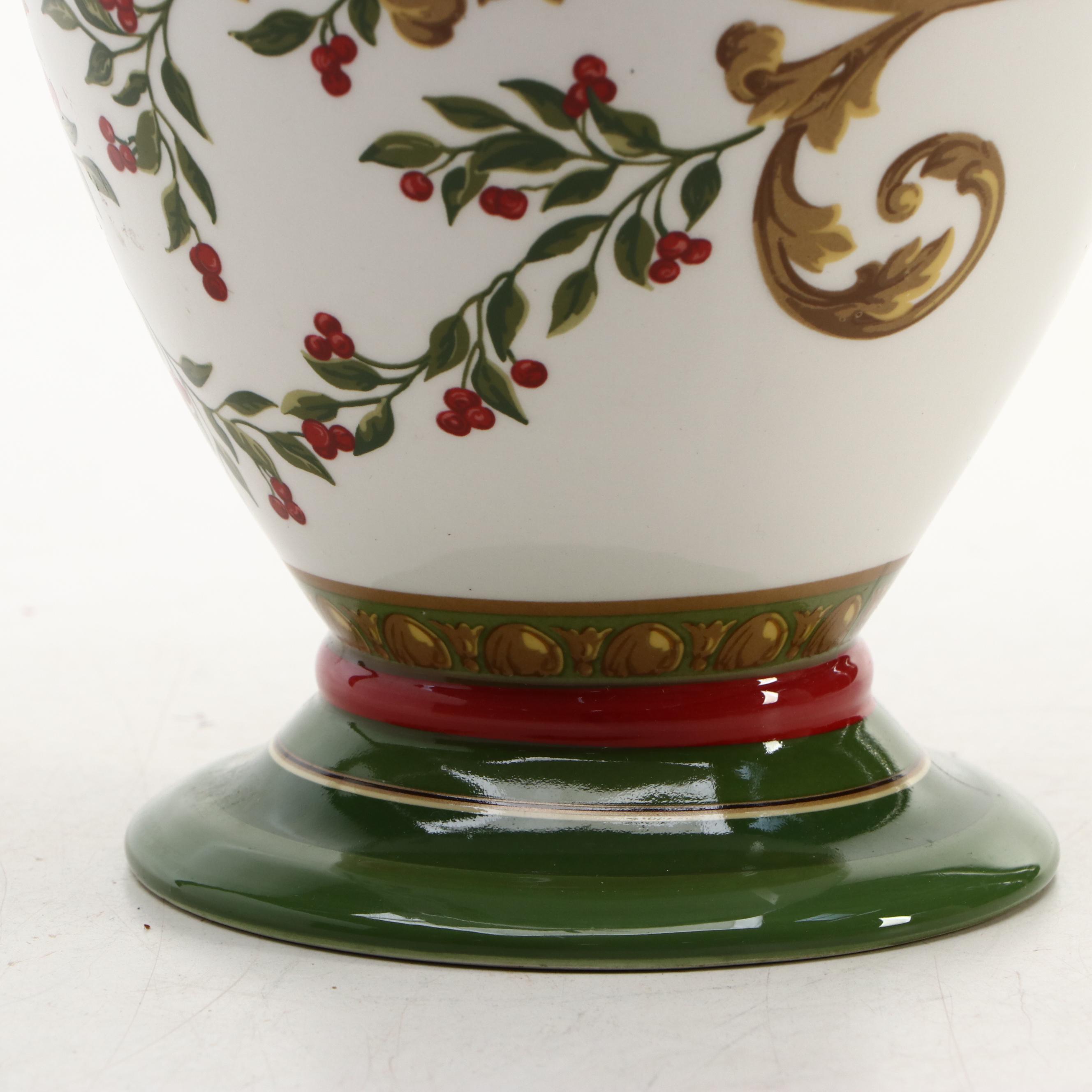 Laura Ashley Home Holiday Pattern Ceramic Vase with Green Wood Menorah and Box