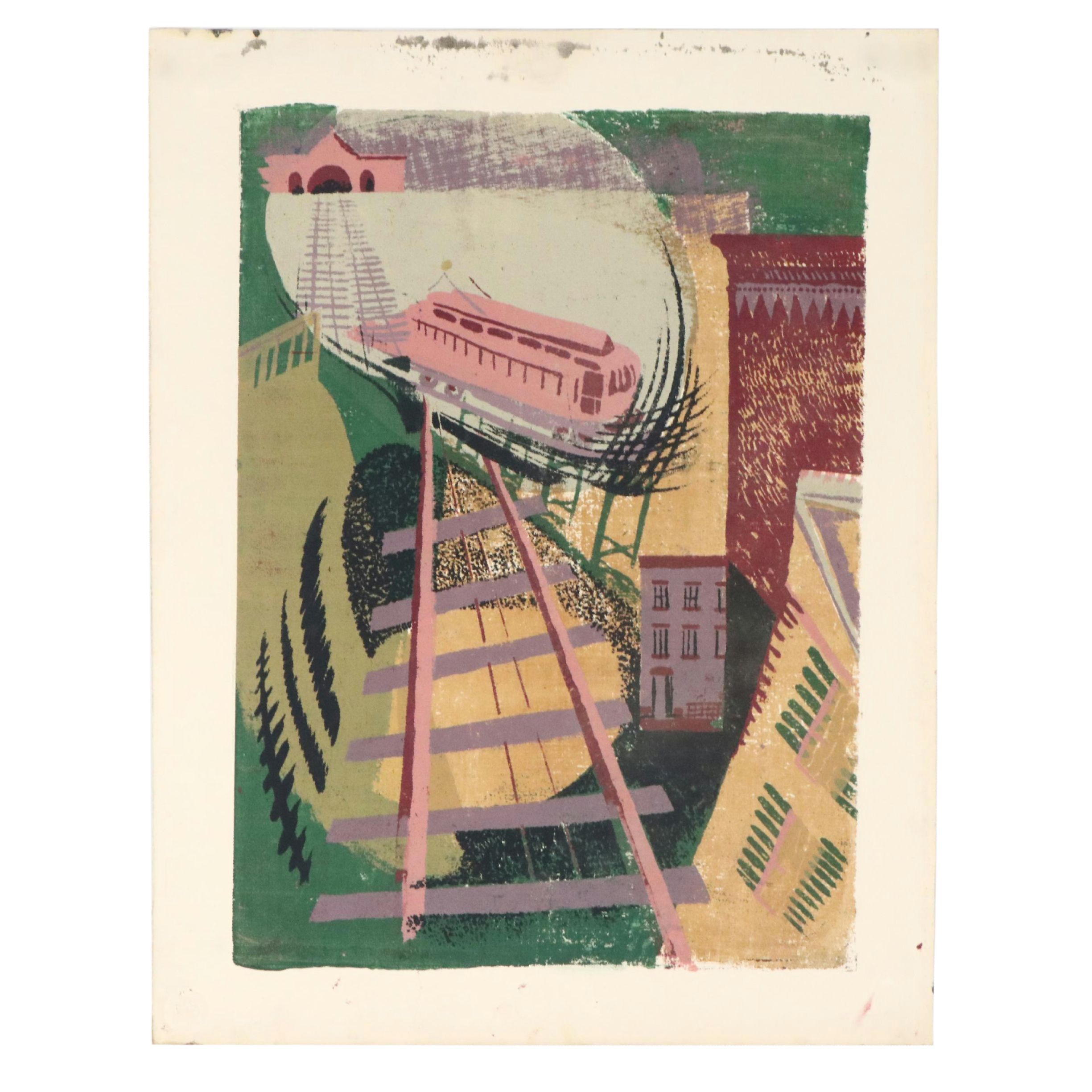 John Imhoff Cubist Cincinnati Incline Serigraph, Mid to Late 20th Century