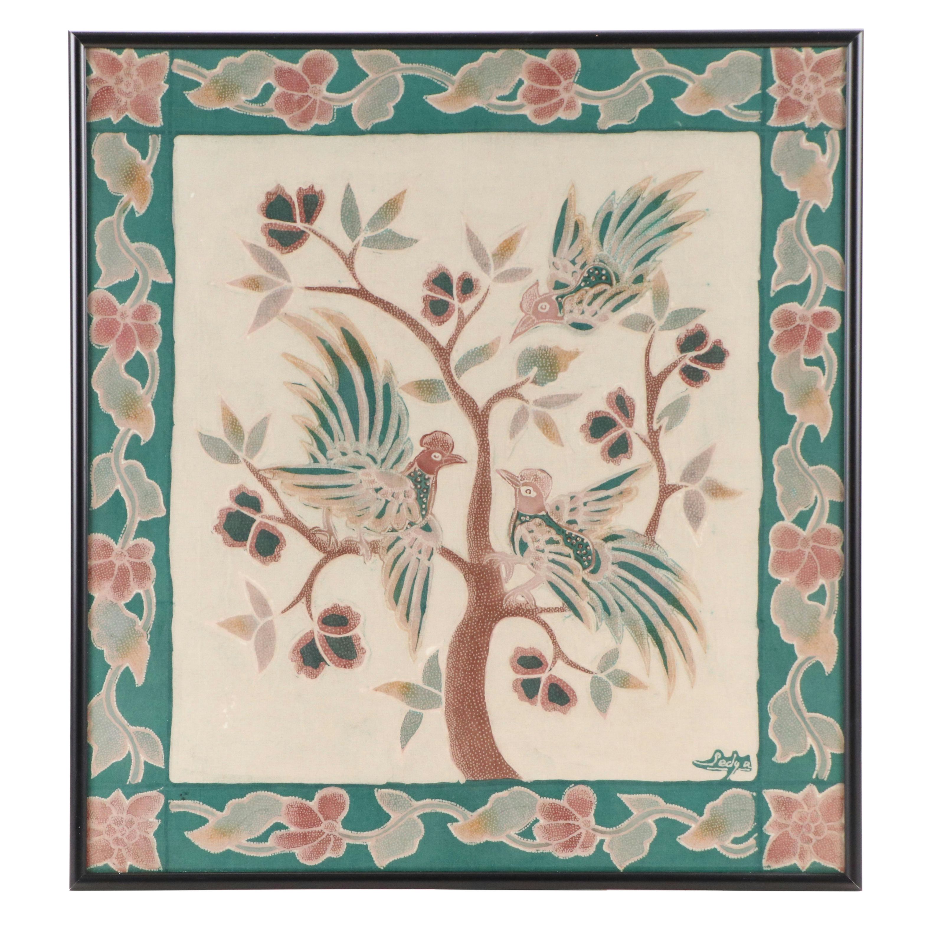 Artist Signed Handmade Indonesian Batik of Pheasants in a Tree, Framed