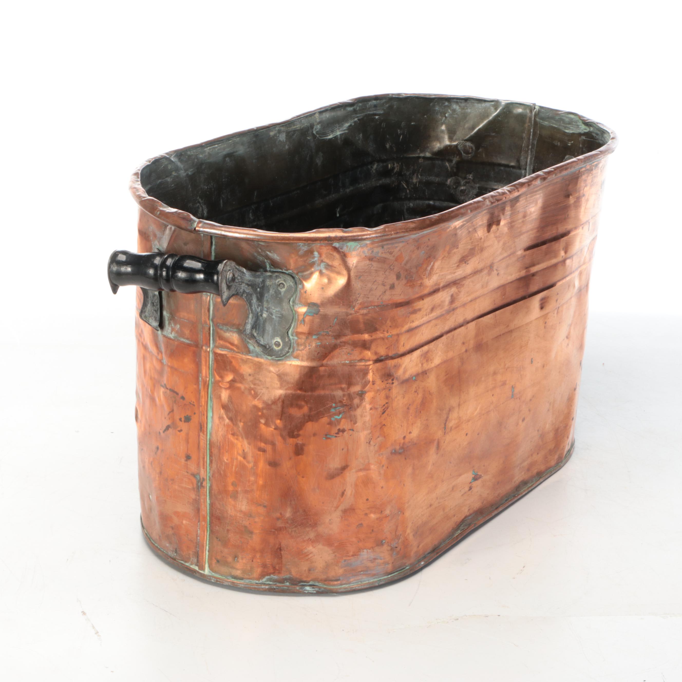 Antique Copper Boiler Wash Tub With Wood Handles