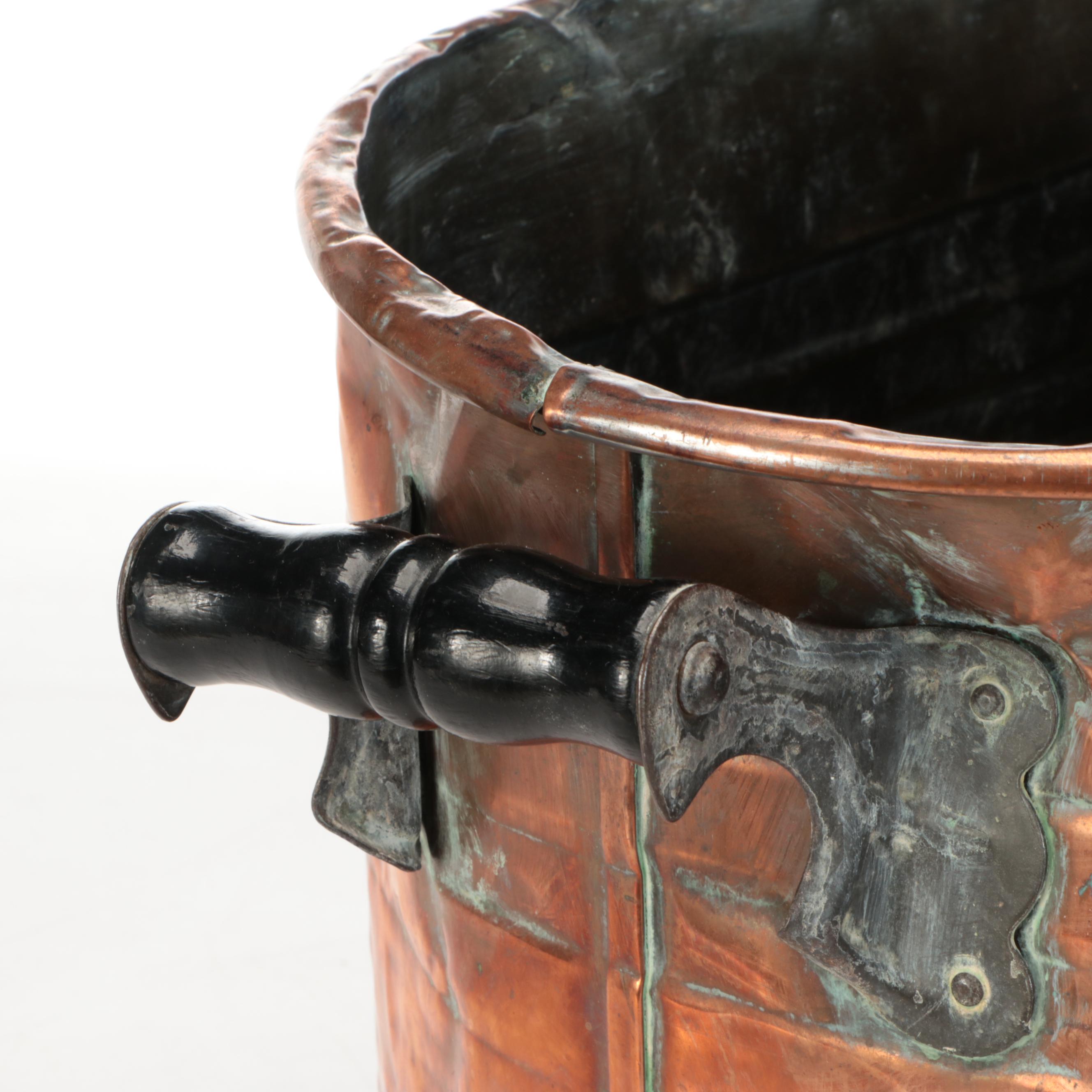 Antique Copper Boiler Wash Tub With Wood Handles