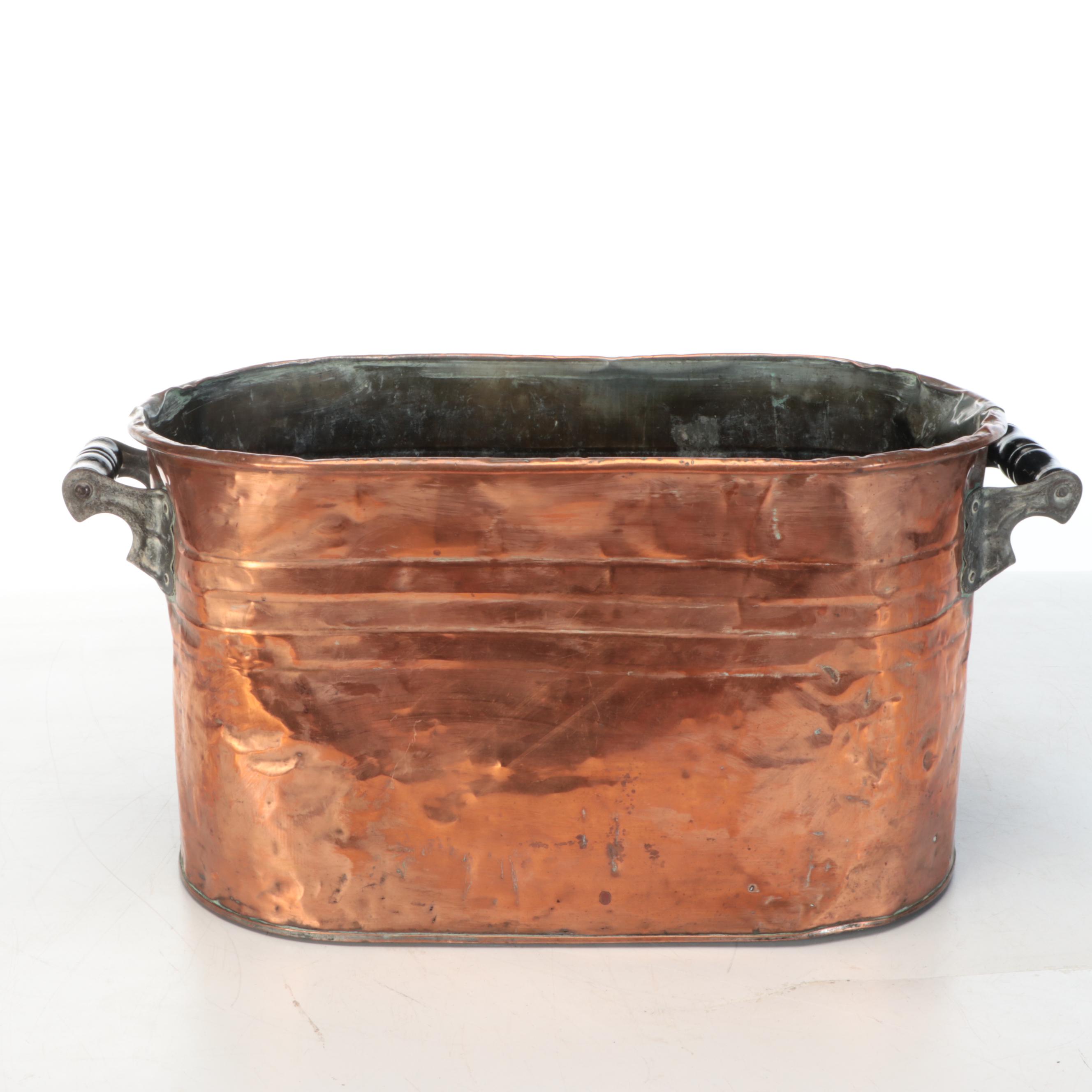 Antique Copper Boiler Wash Tub With Wood Handles