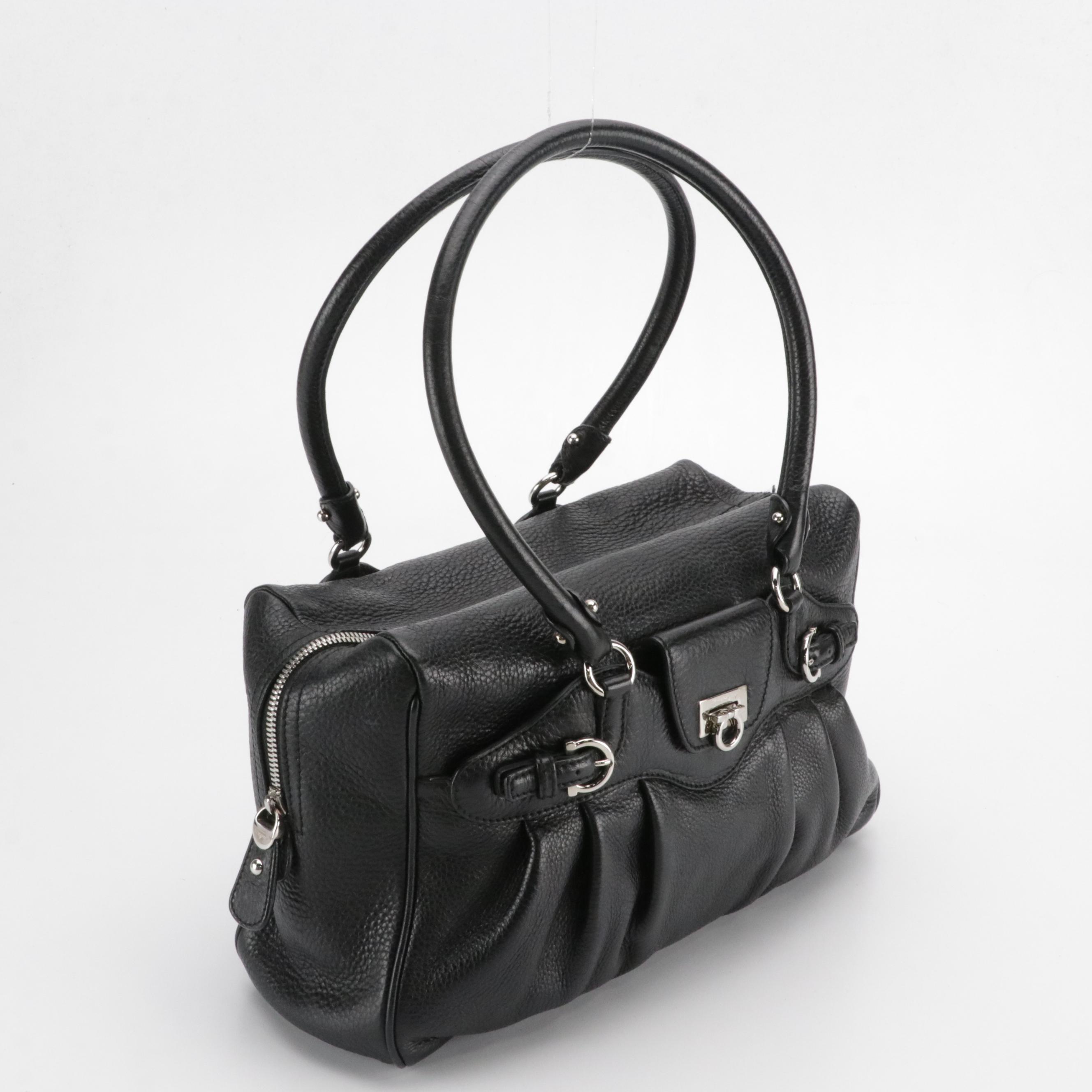 Salvatore Ferragamo Gancini Satchel in Black Grained Leather
