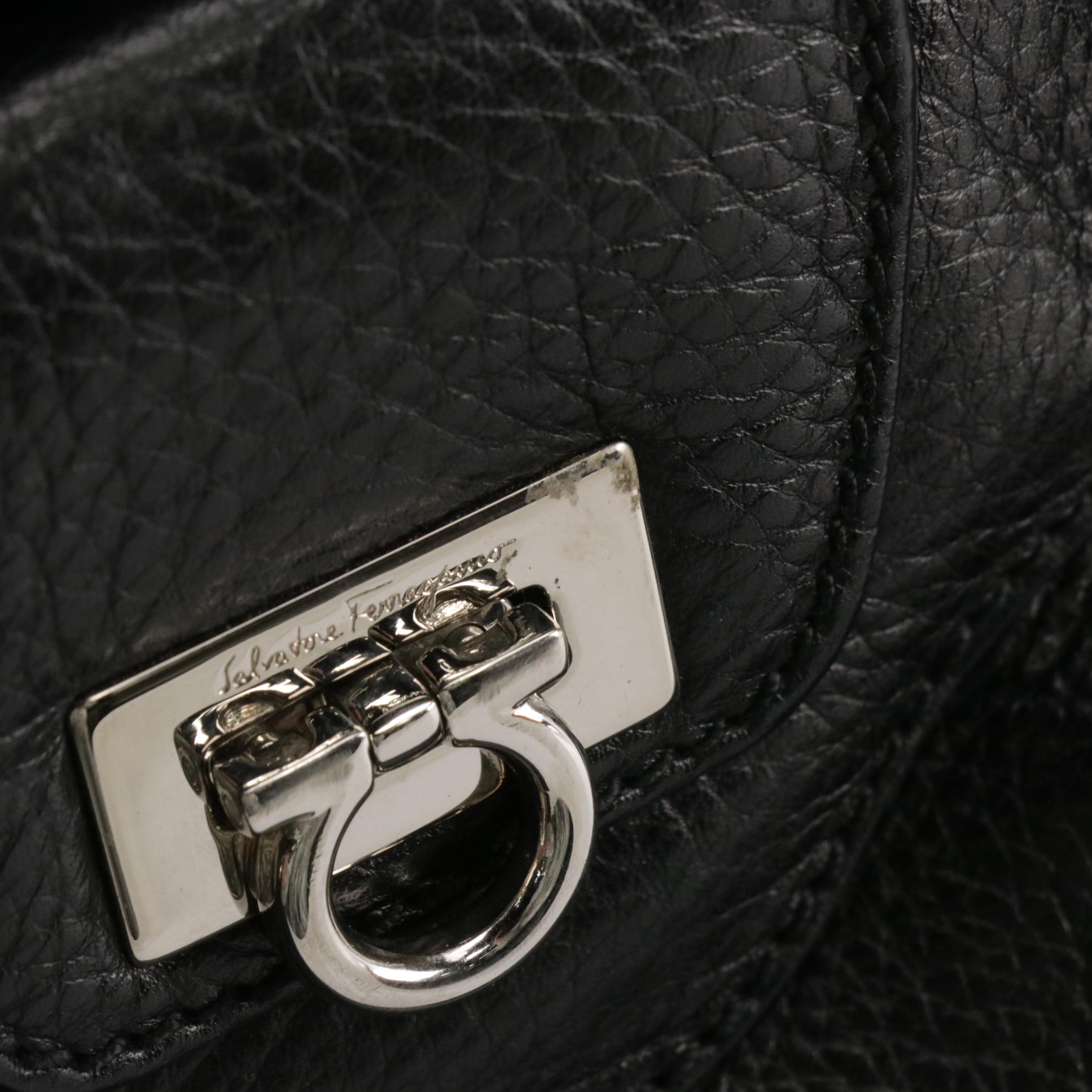 Salvatore Ferragamo Gancini Satchel in Black Grained Leather