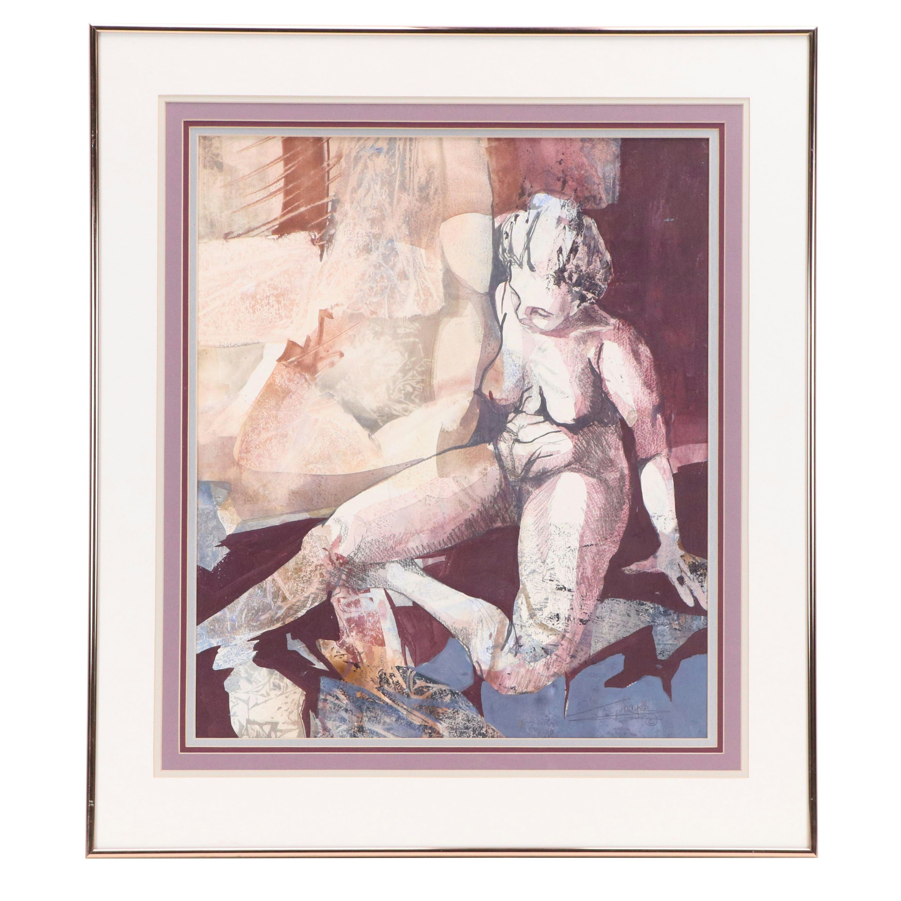 Alix Thayer Figural Mixed Media Painting of Seated Nude Woman