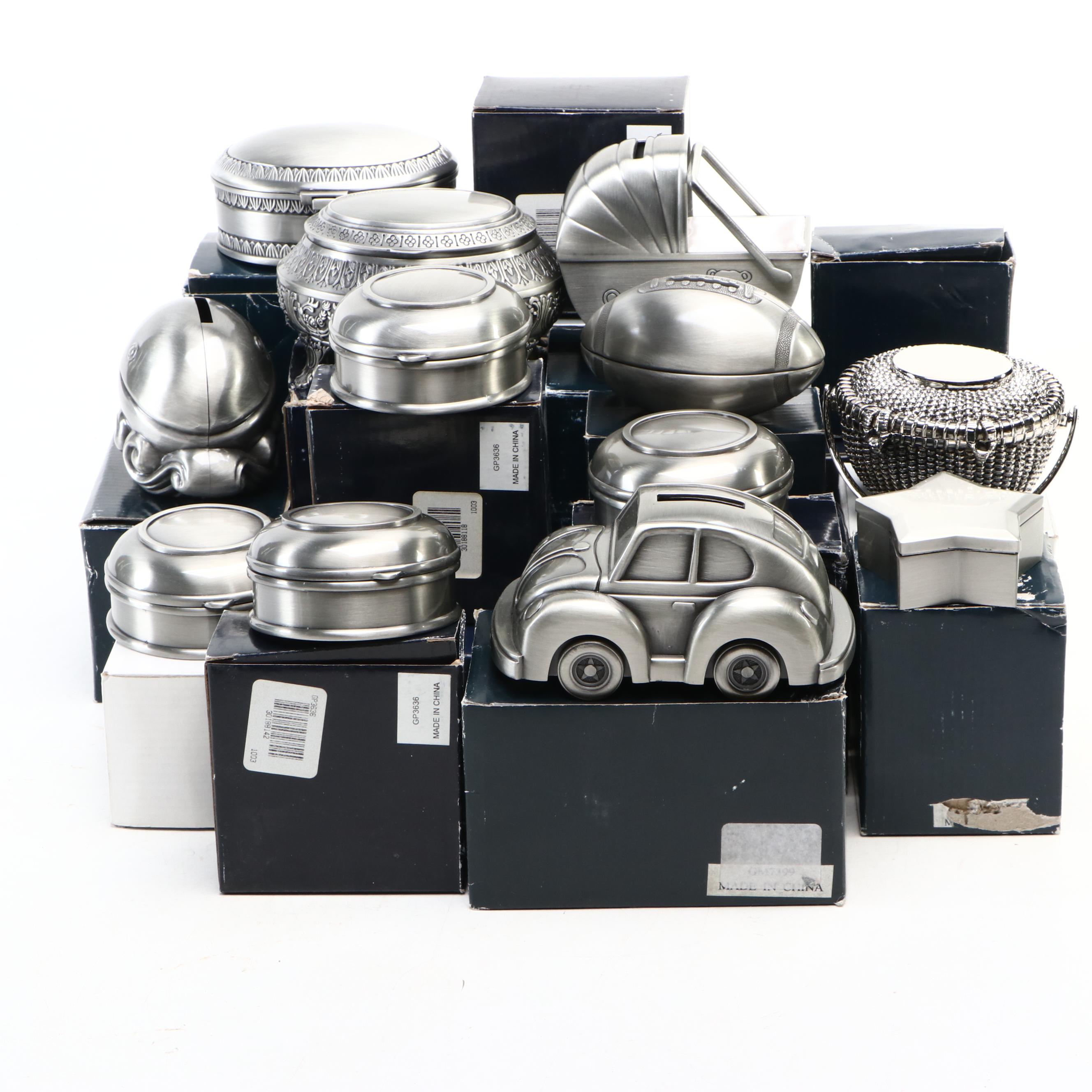Brushed Metal Jewelry Boxes and Figural Banks