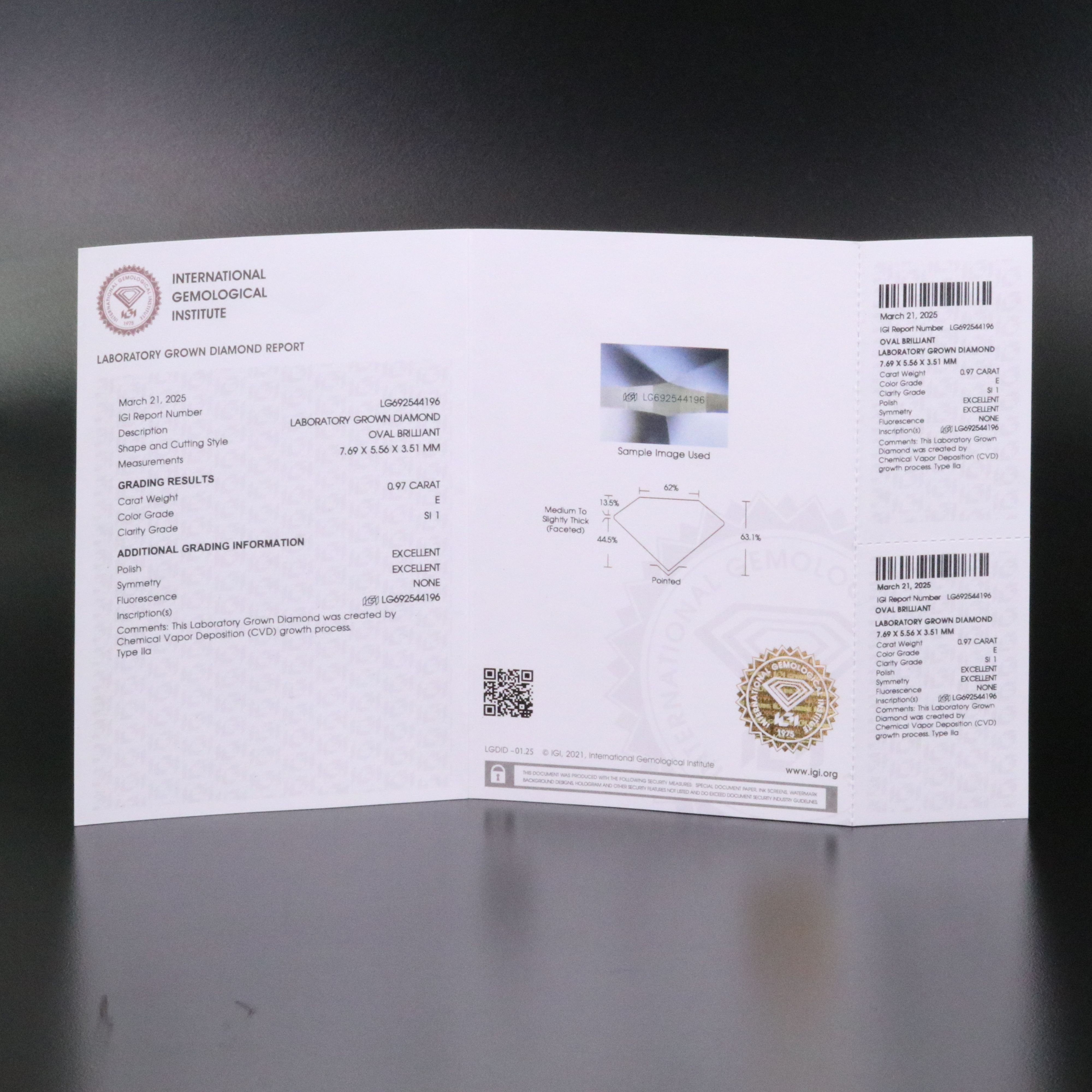 Loose 0.97 CT Lab Grown Diamond with IGI Report