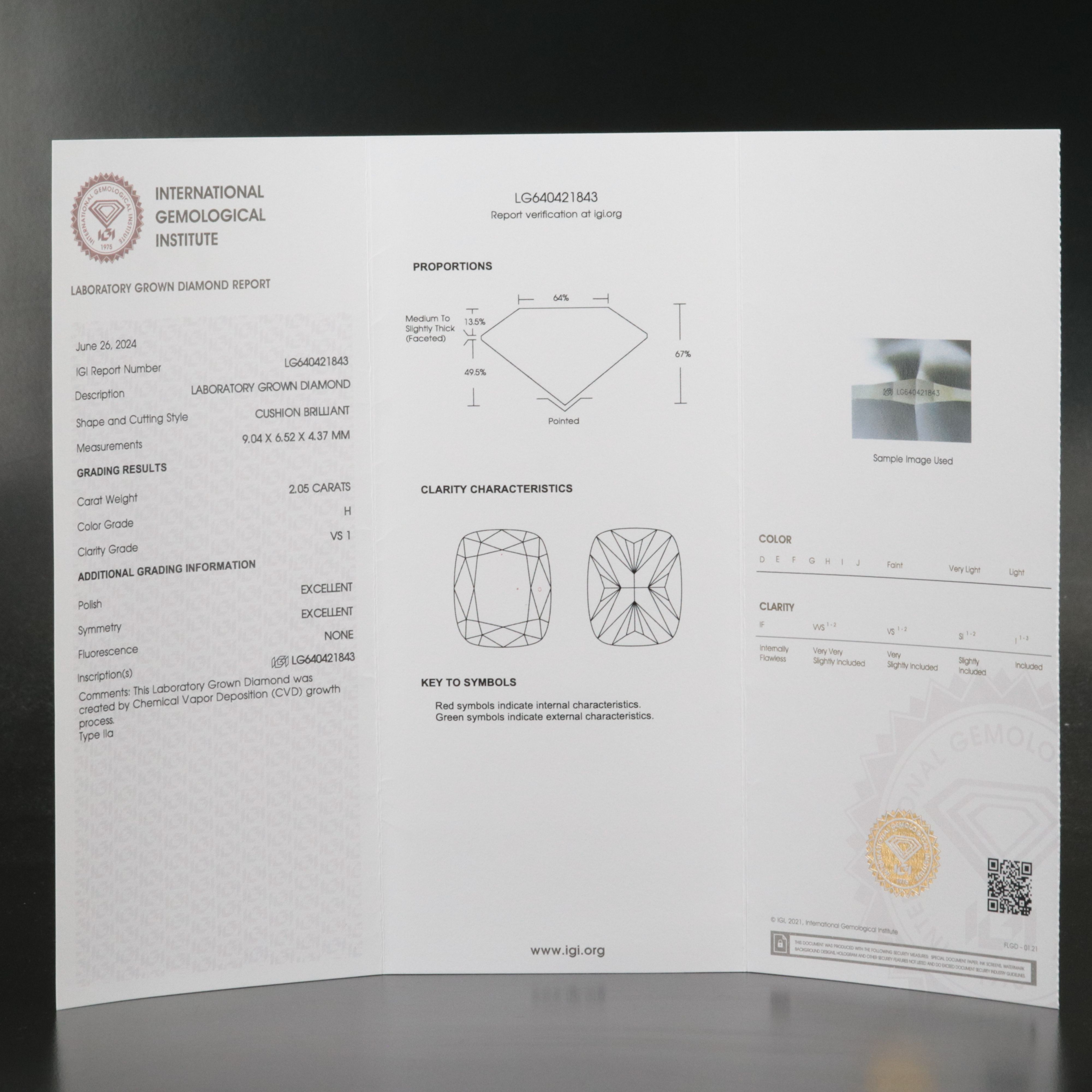 Loose 2.05 CT Lab Grown Diamond with IGI Report