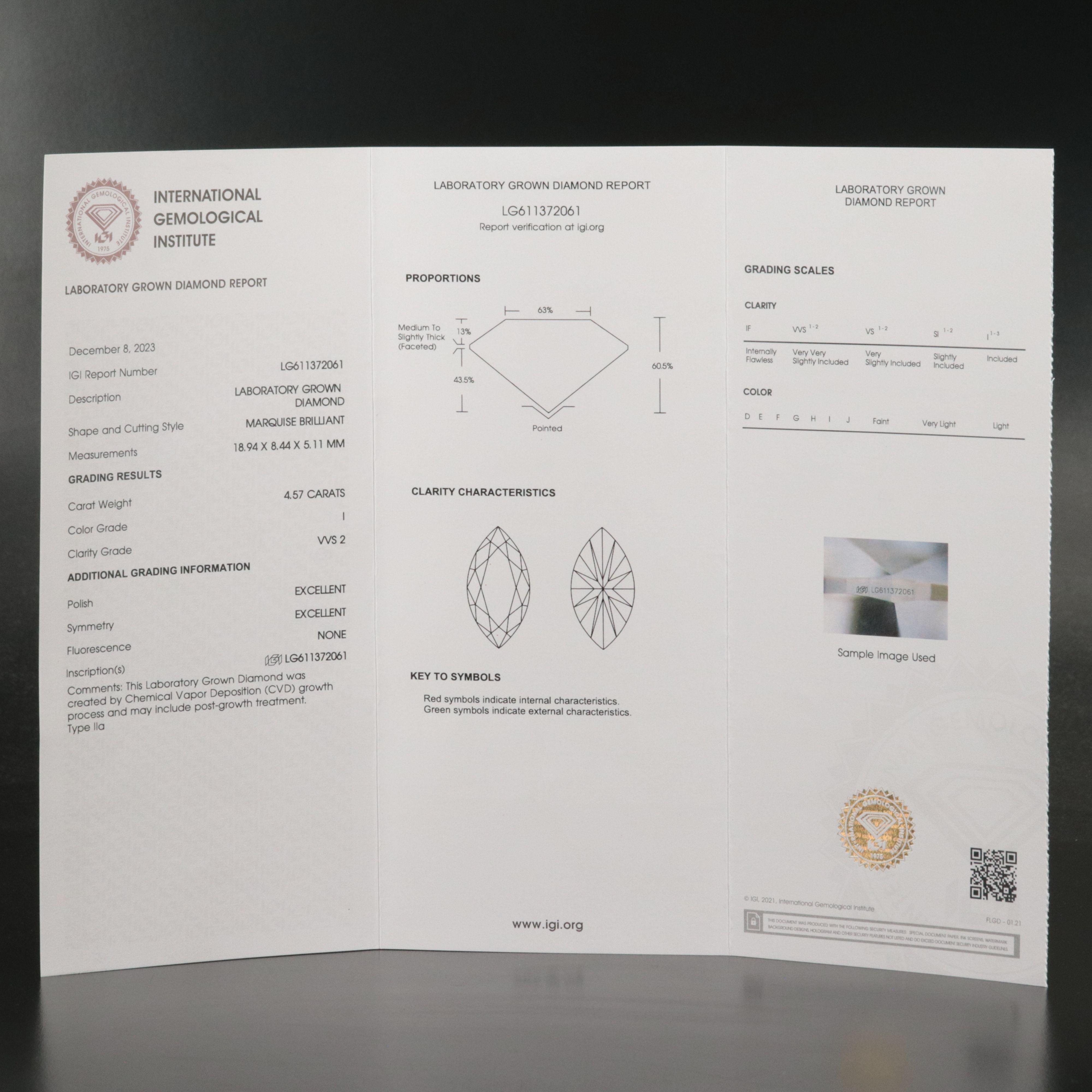 Loose 4.57 CT Lab Grown Diamond with IGI Report