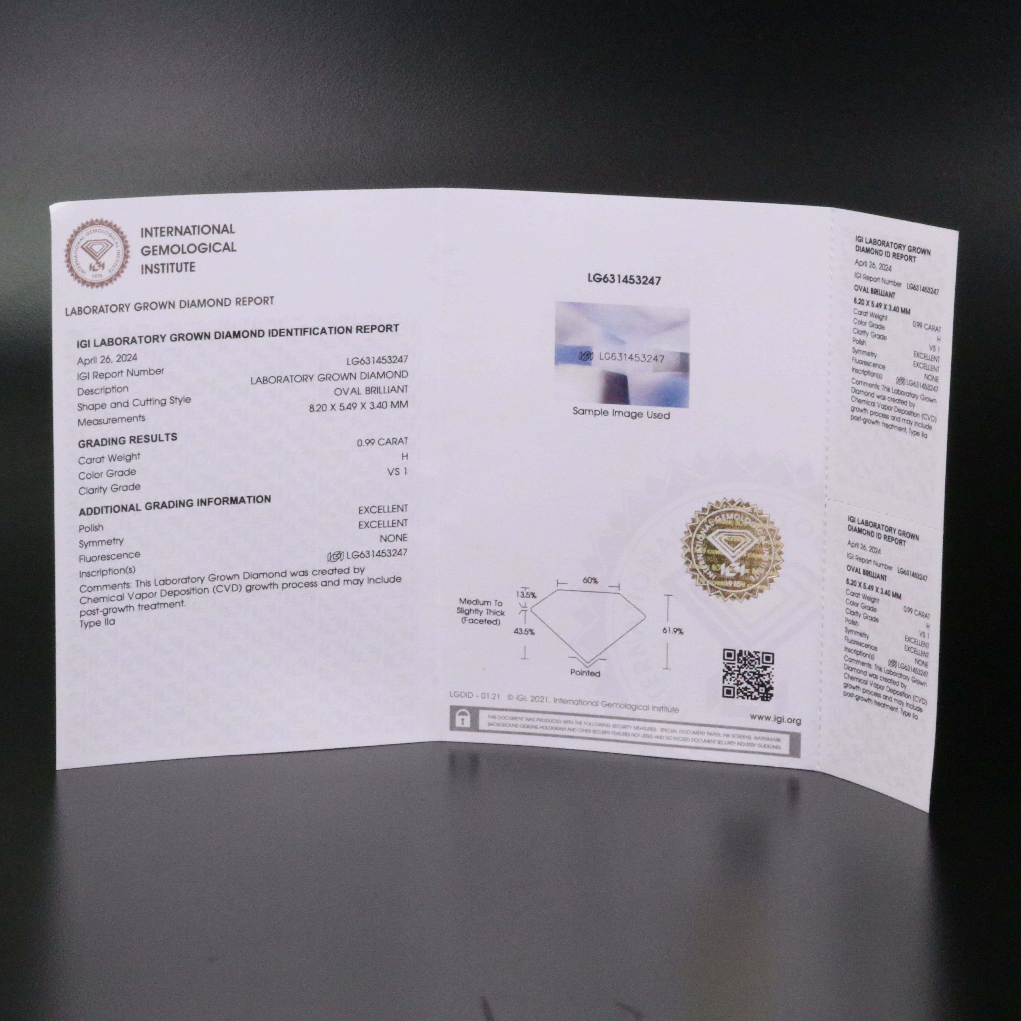 Loose 0.99 CT Lab Grown Diamond with IGI Report