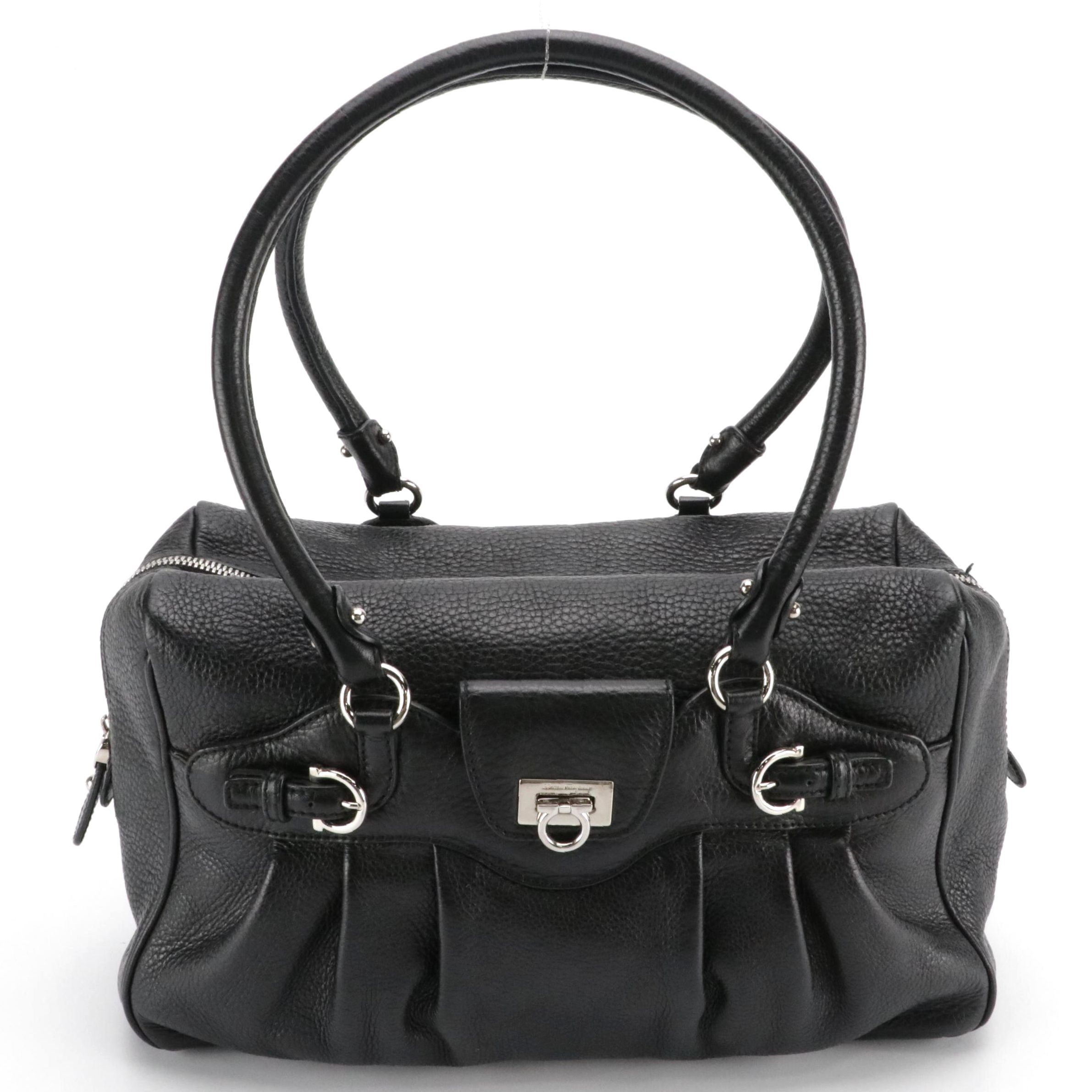 Salvatore Ferragamo Gancini Satchel in Black Grained Leather