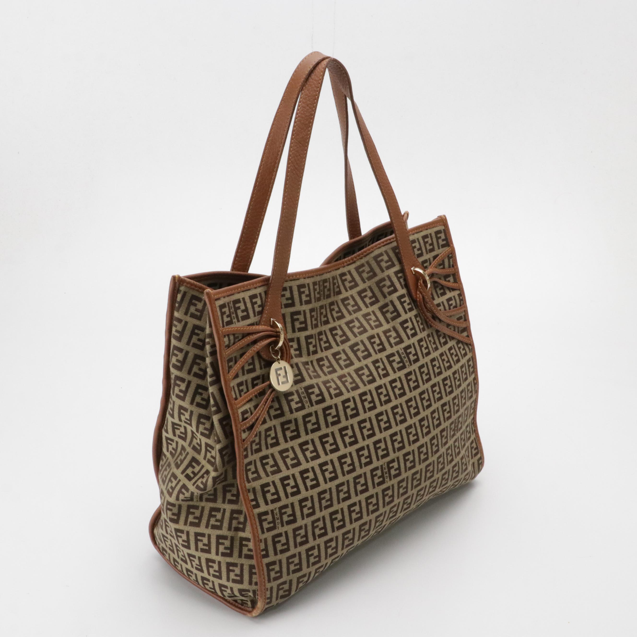 Fendi Tote Bag in Zucchino Jacquard Canvas and Leather Trim