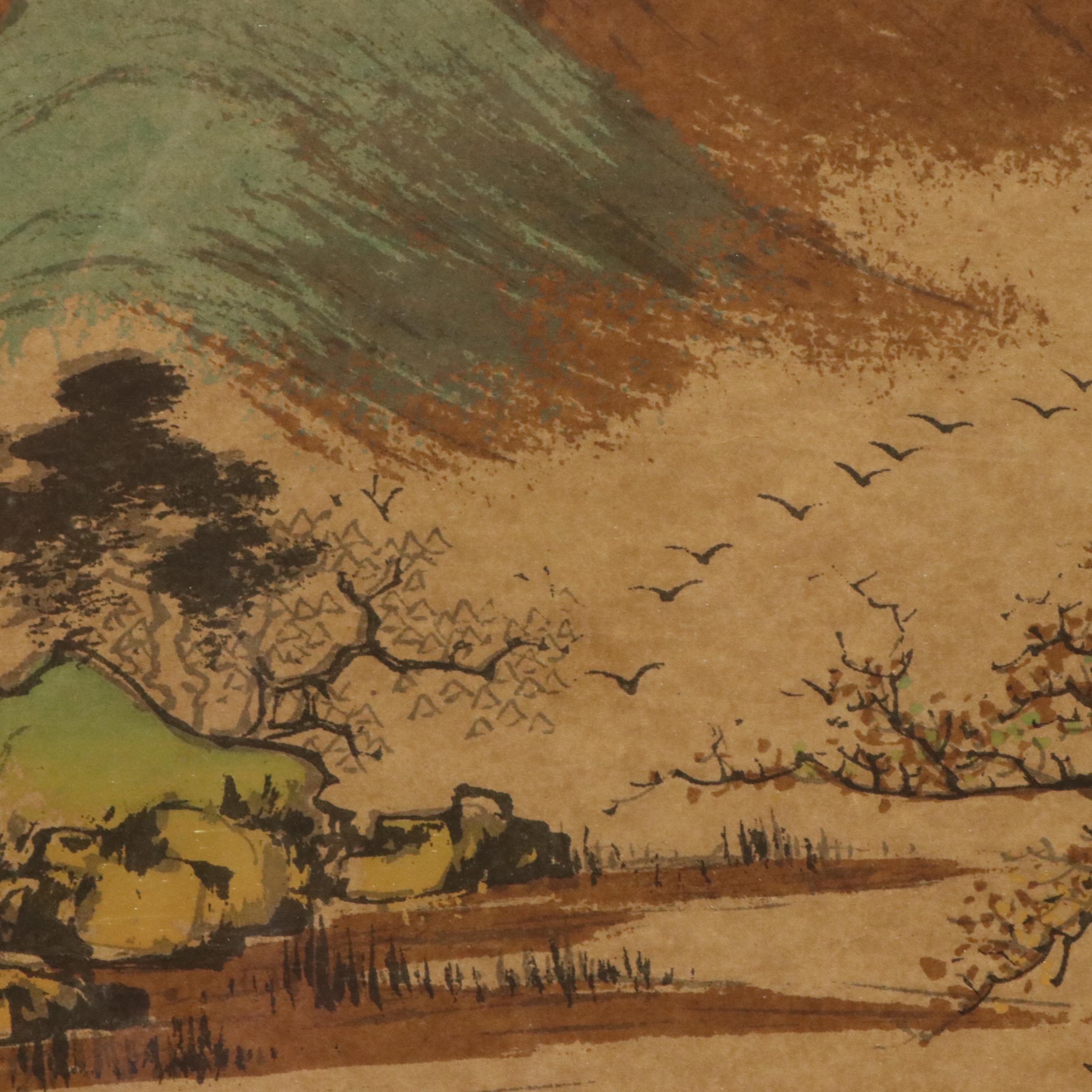 East Asian Woodblock Mountainous Landscape, Mid-20th Century