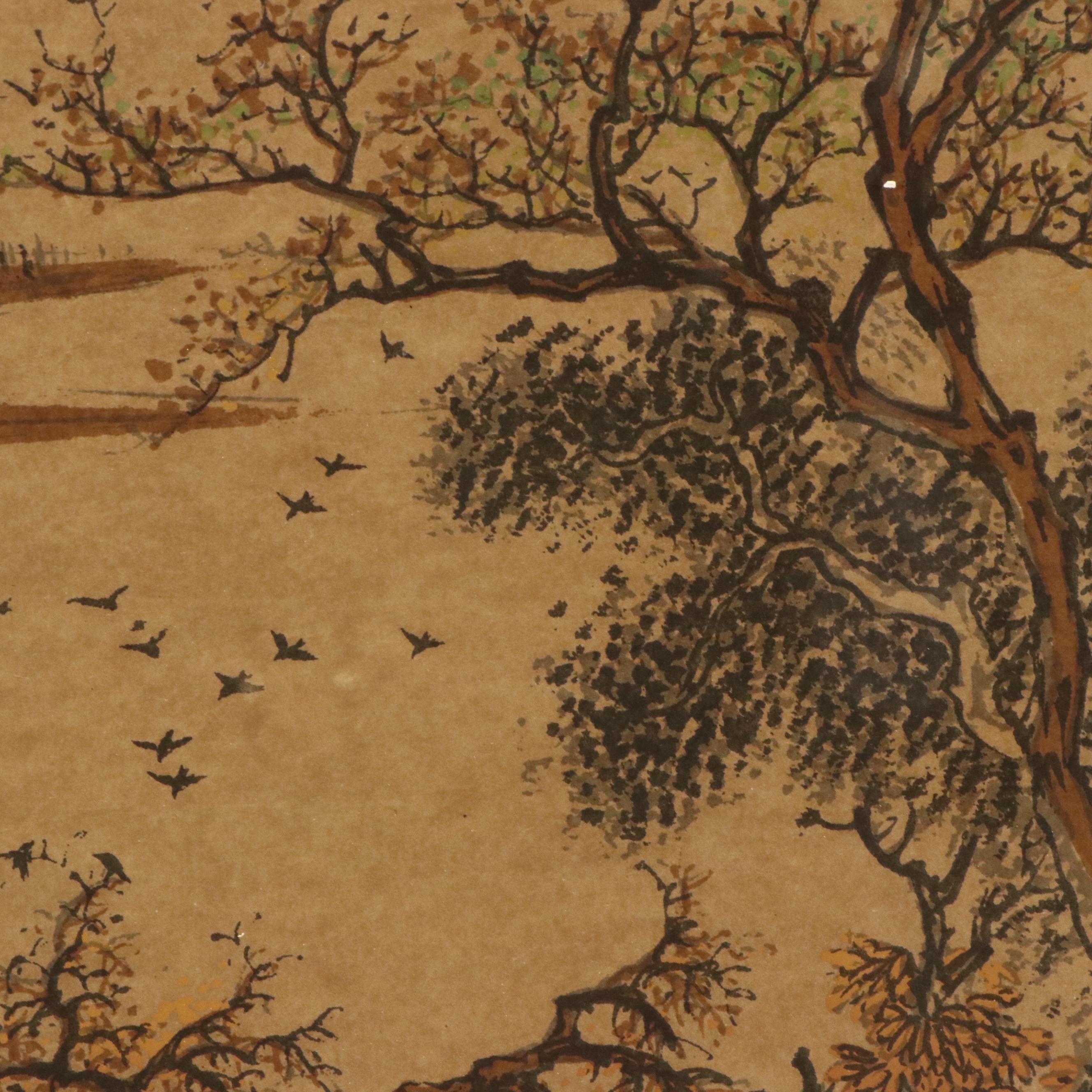 East Asian Woodblock Mountainous Landscape, Mid-20th Century