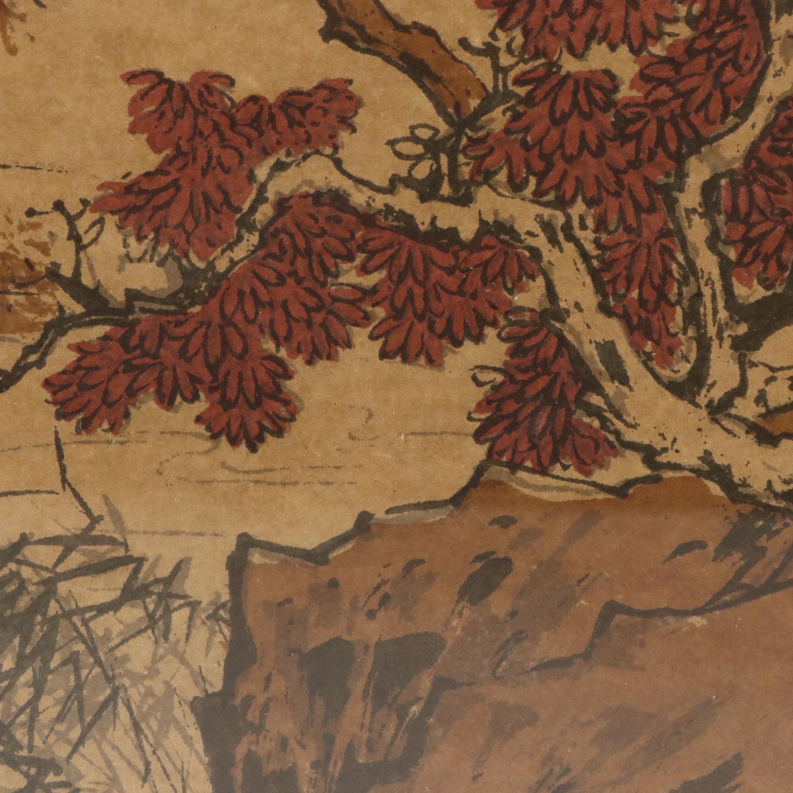 East Asian Woodblock Mountainous Landscape, Mid-20th Century