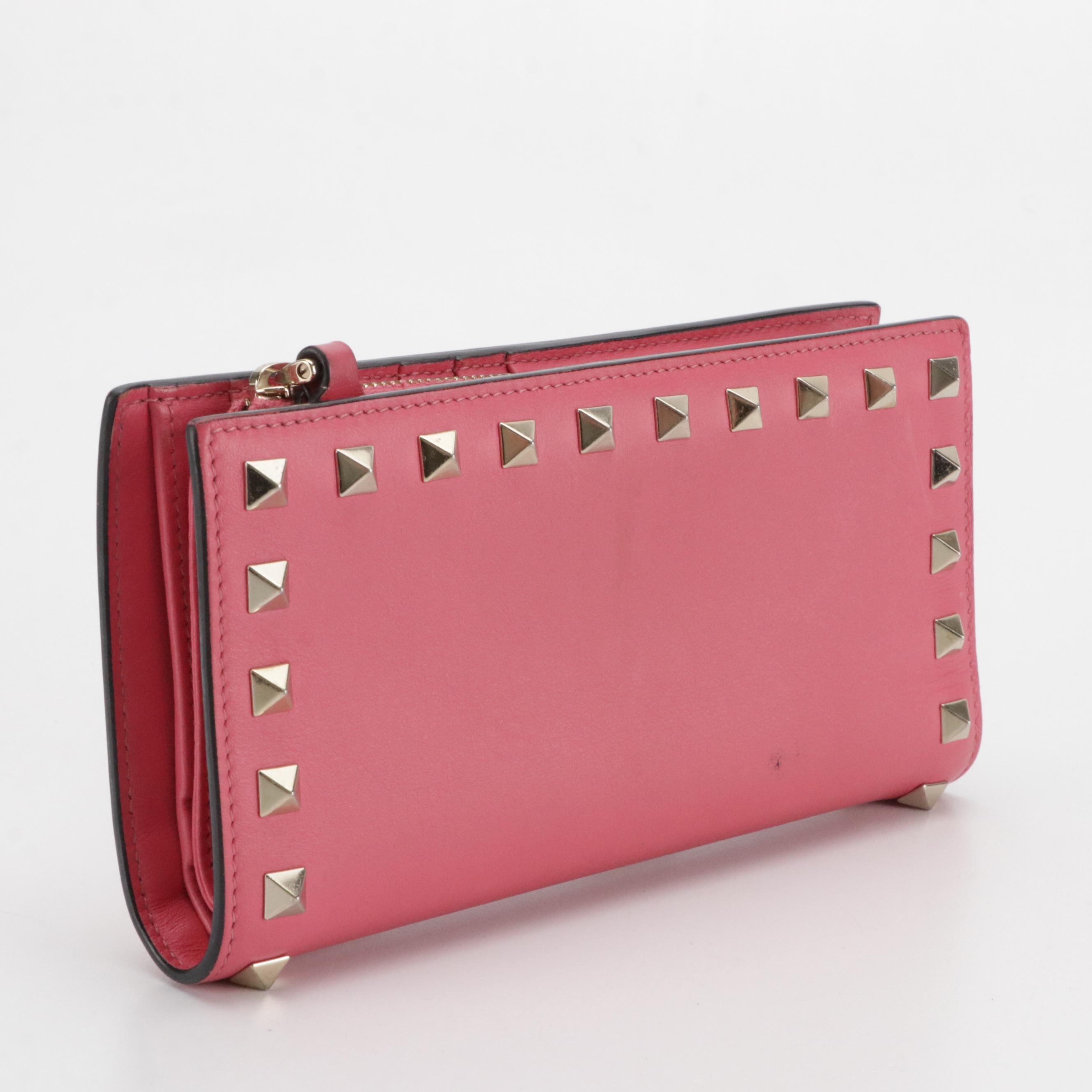 Valentino Garavani Rockstud Long Wallet in Watermelon Pink Calfskin, With Box