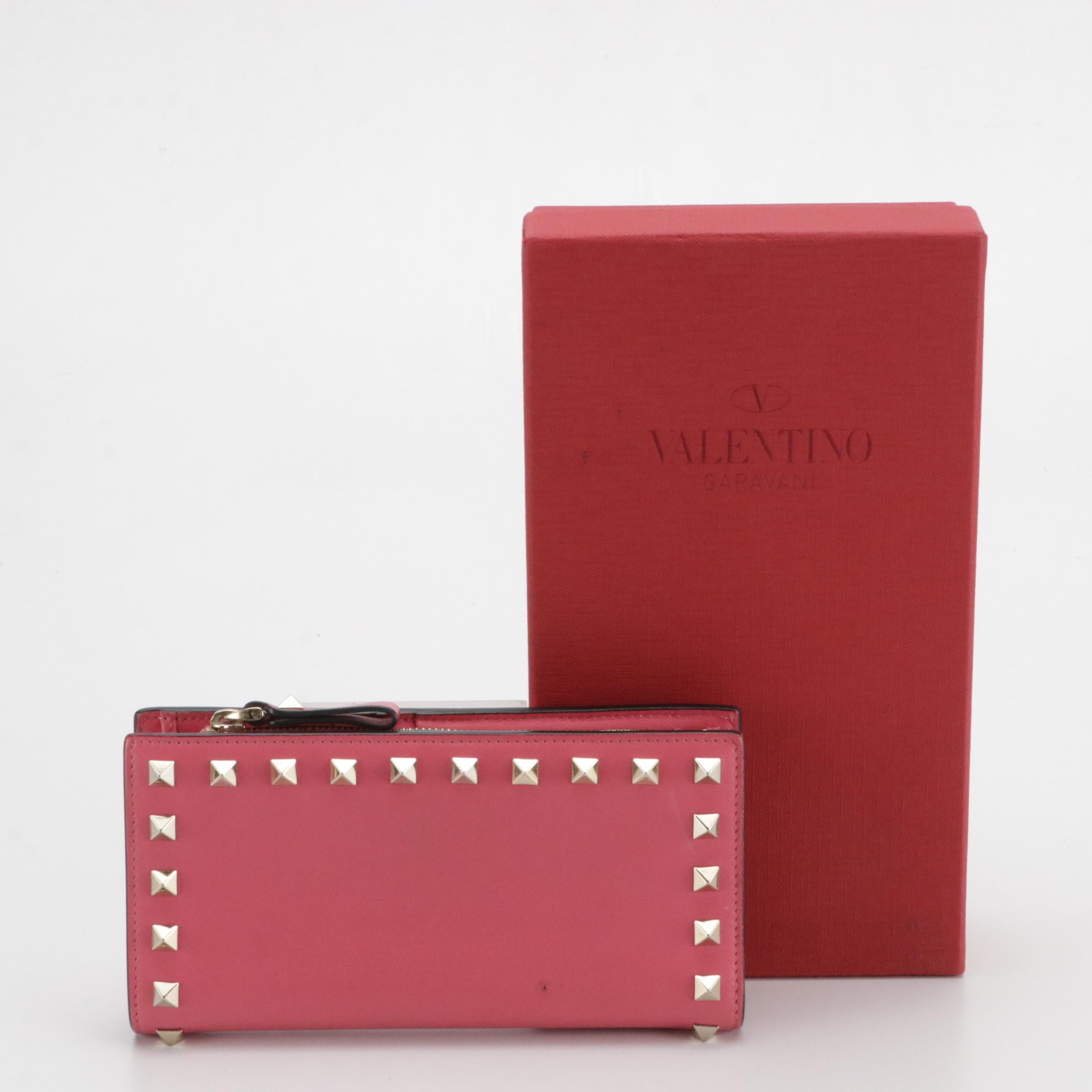 Valentino Garavani Rockstud Long Wallet in Watermelon Pink Calfskin, With Box