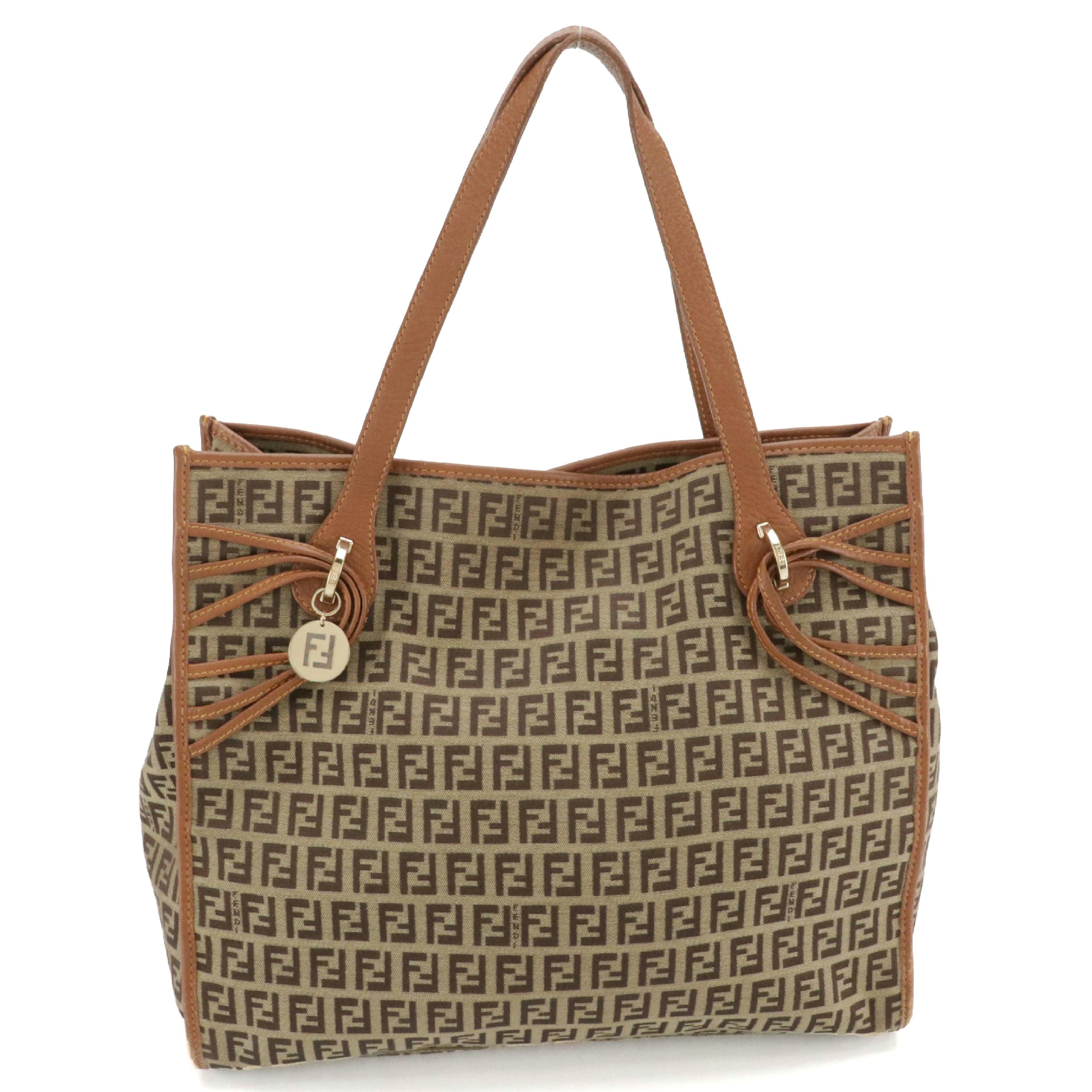 Fendi Tote Bag in Zucchino Jacquard Canvas and Leather Trim