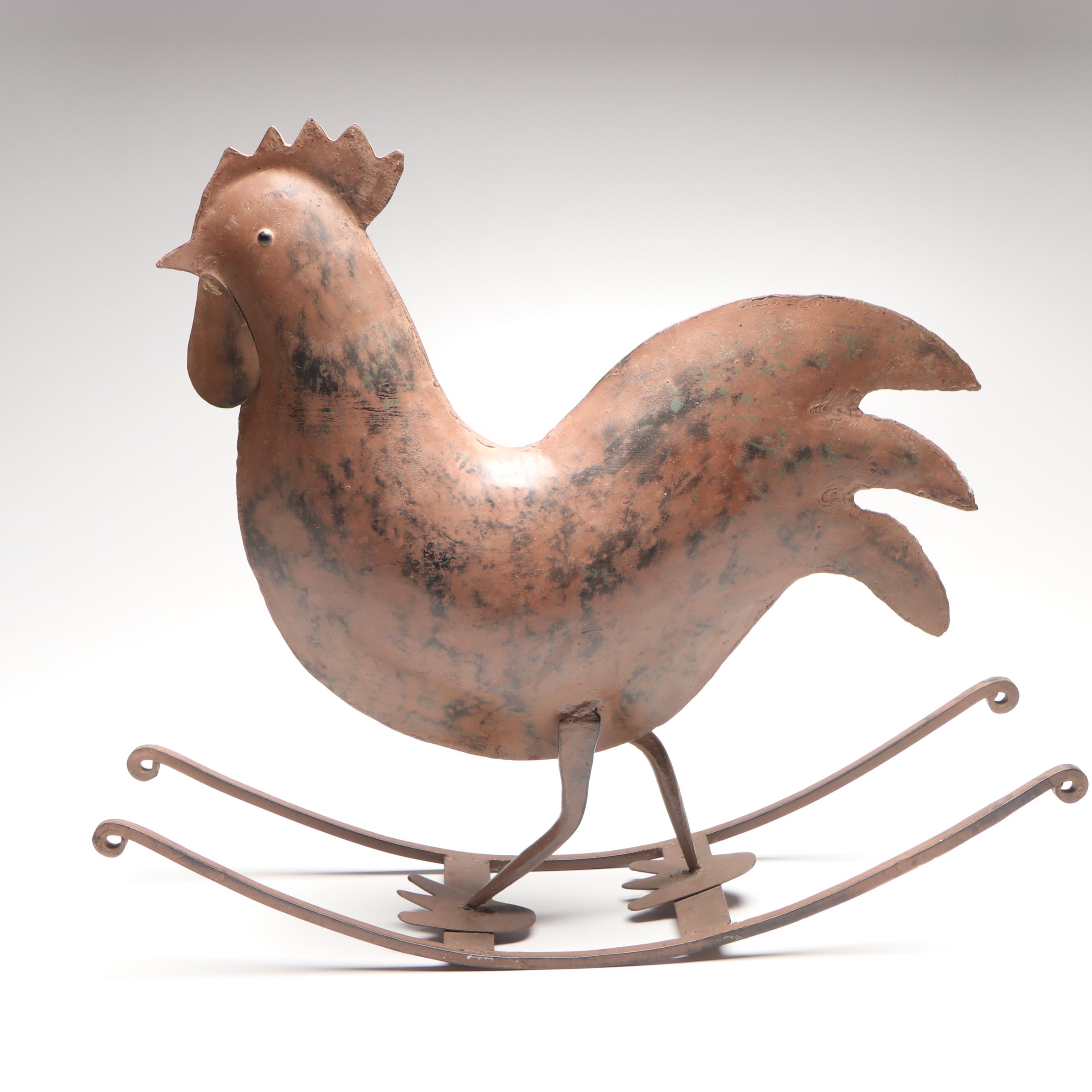 American Folk Art Style Metal Rocking Rooster Sculpture
