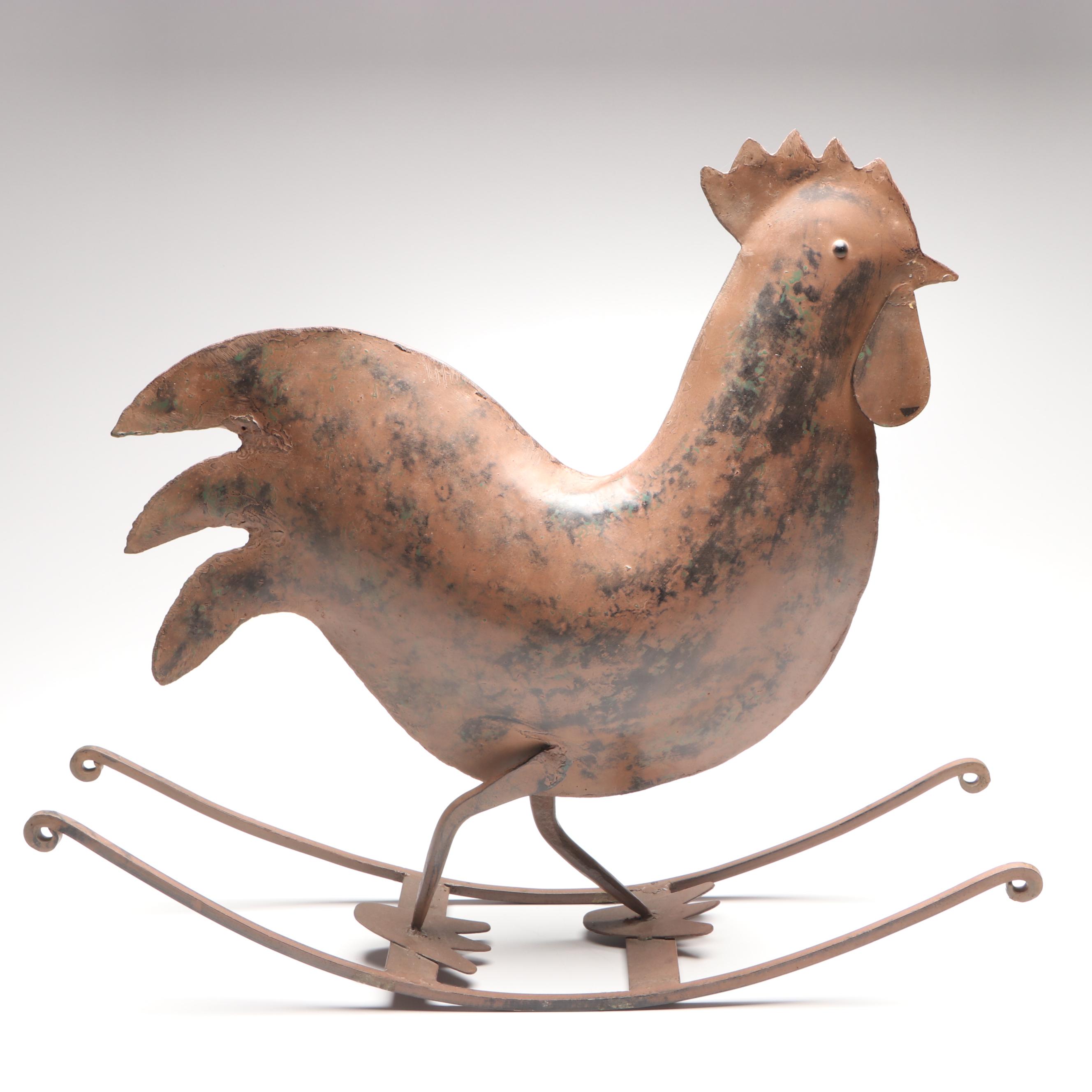 American Folk Art Style Metal Rocking Rooster Sculpture