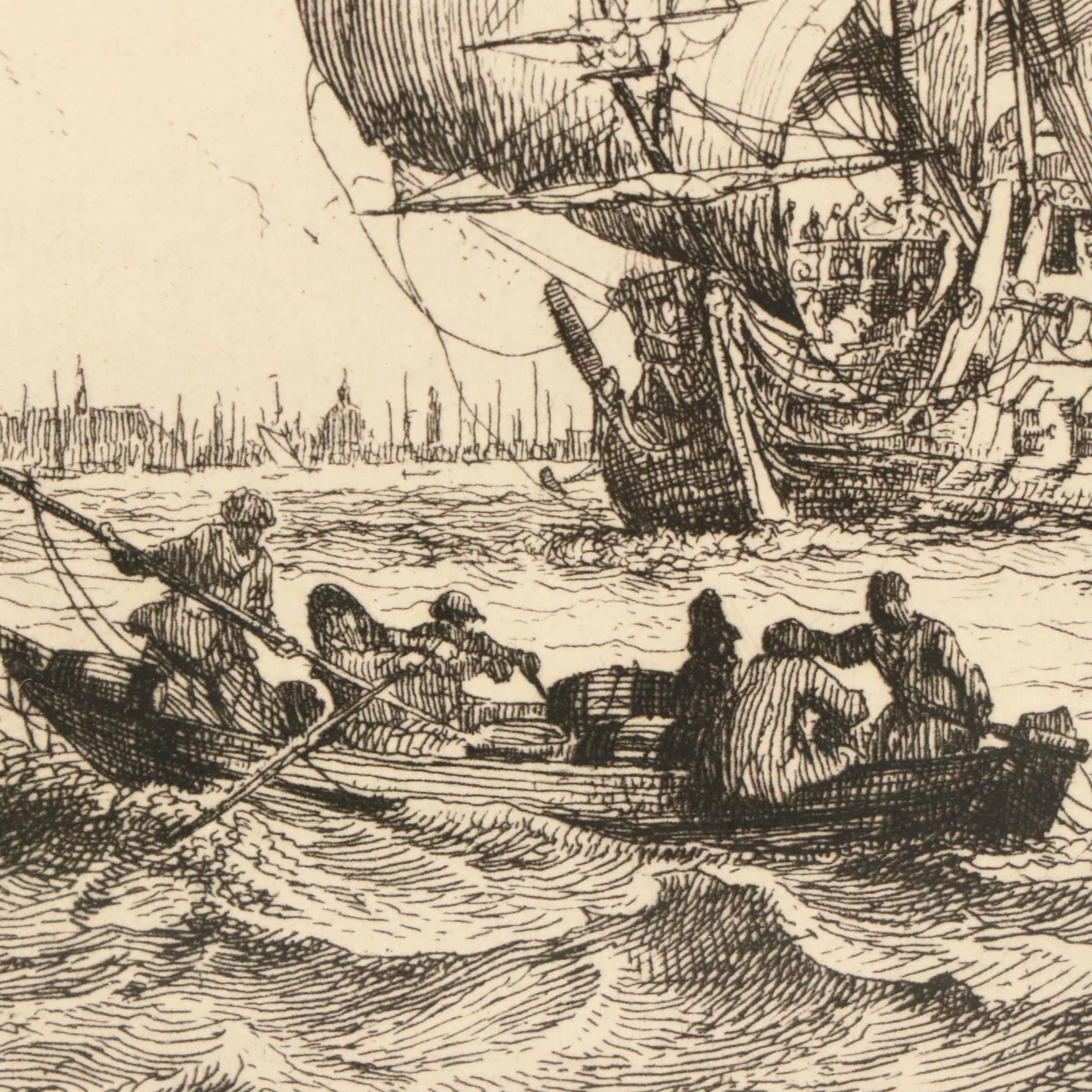 After Ludolf Bakhuizen Facsimile Reproduction Etching of Marine Scene, 20th C.