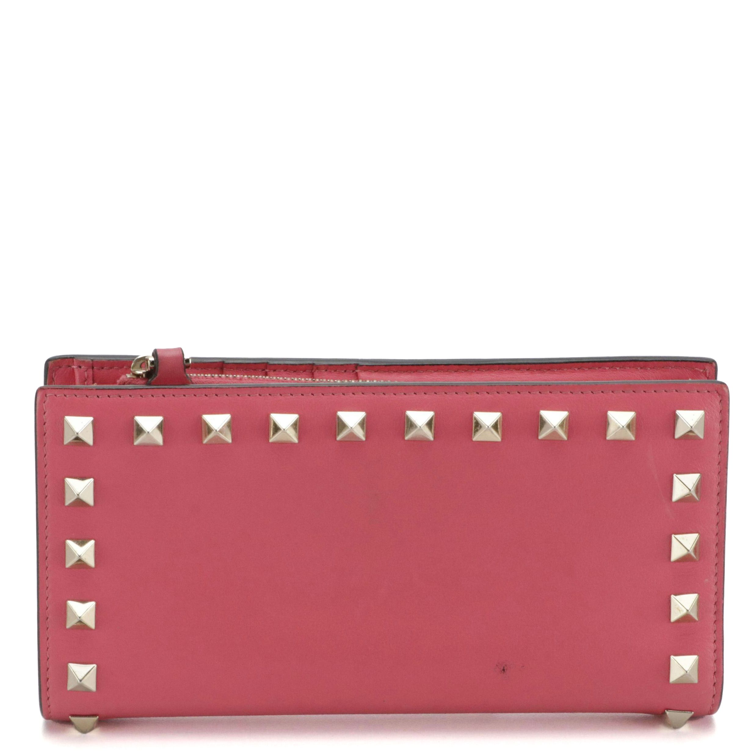 Valentino Garavani Rockstud Long Wallet in Watermelon Pink Calfskin, With Box